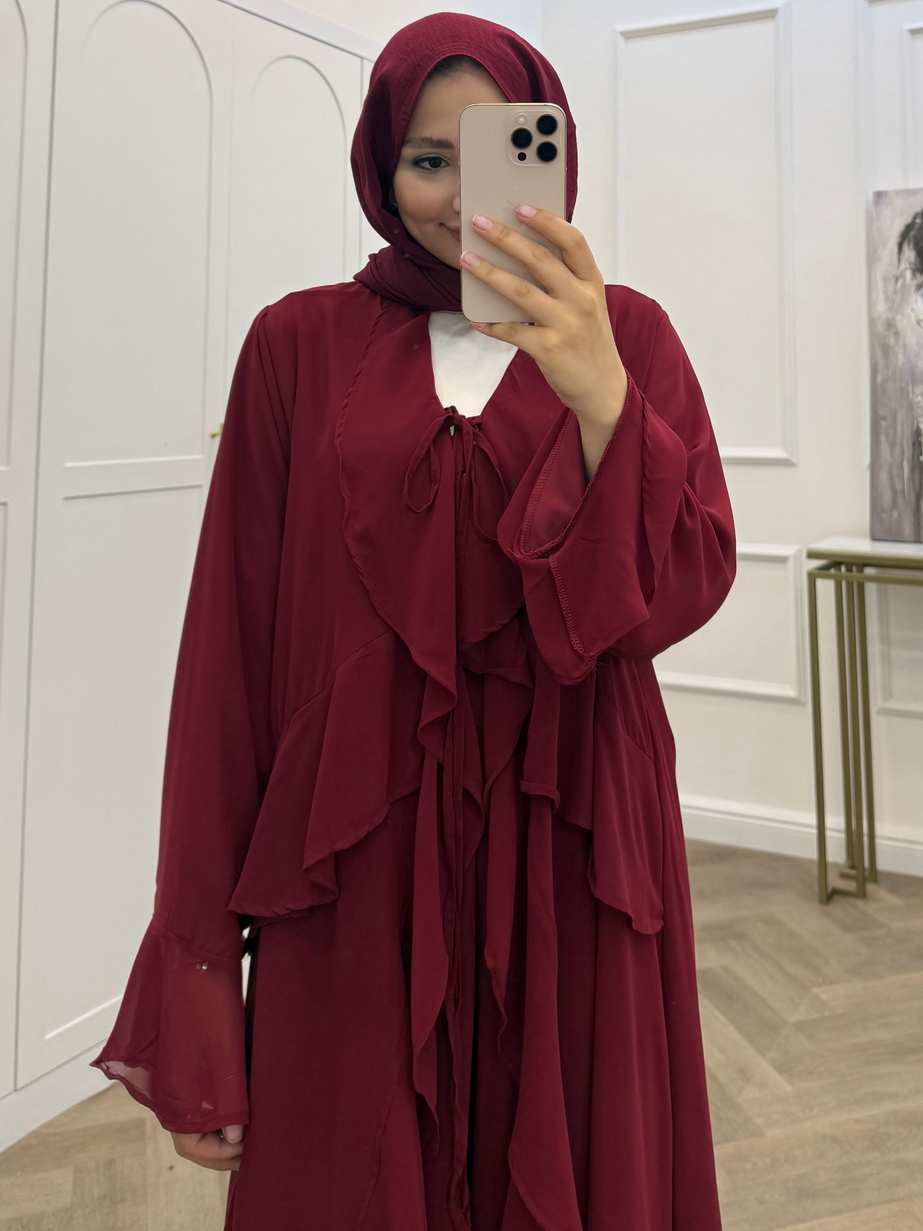 JARCE ŞİFON FIRFIRLI PANTOLONLU TAKIM BORDO