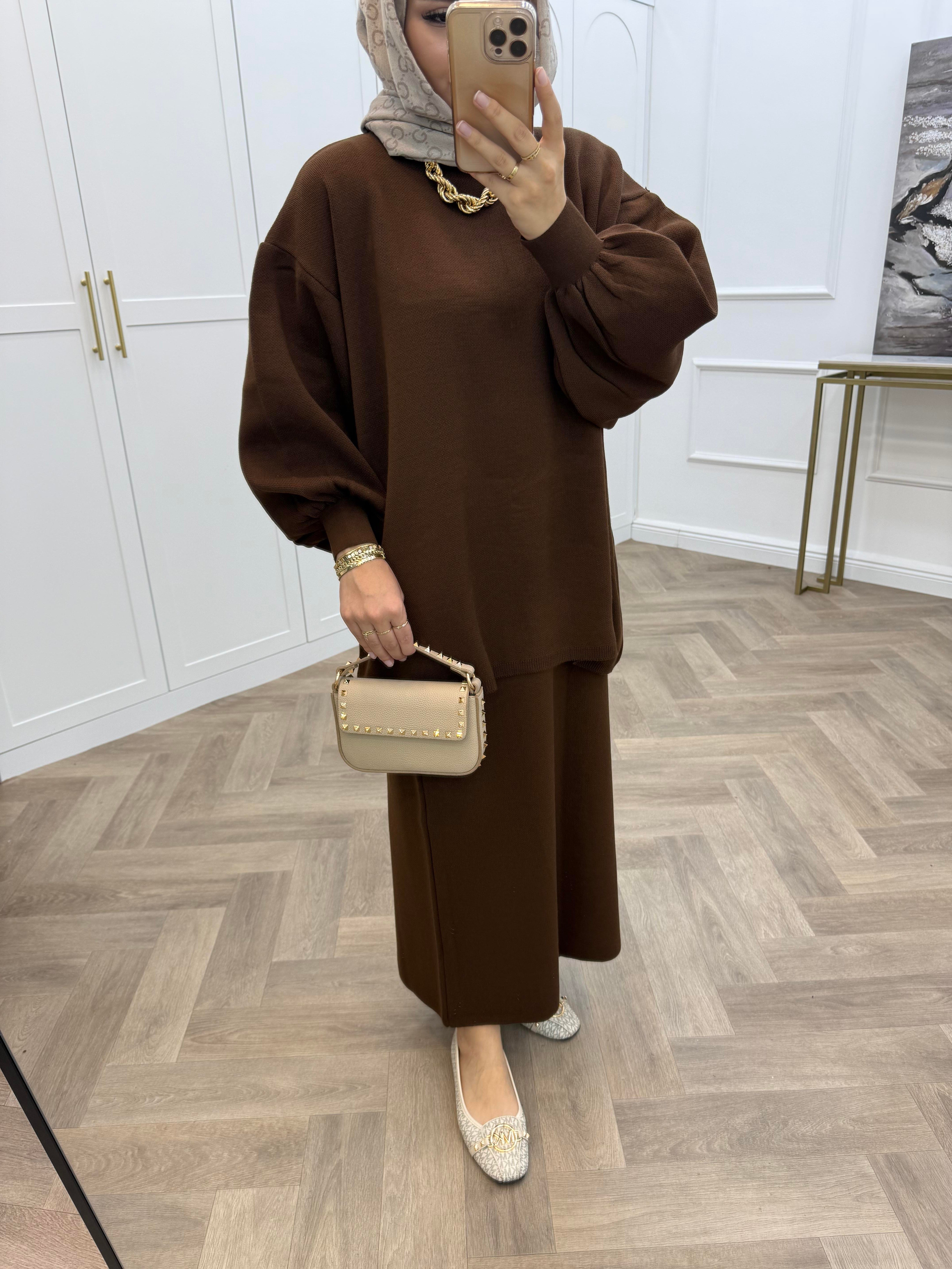 KALEM ETEKLİ TRİKO TAKIM KAHVE 