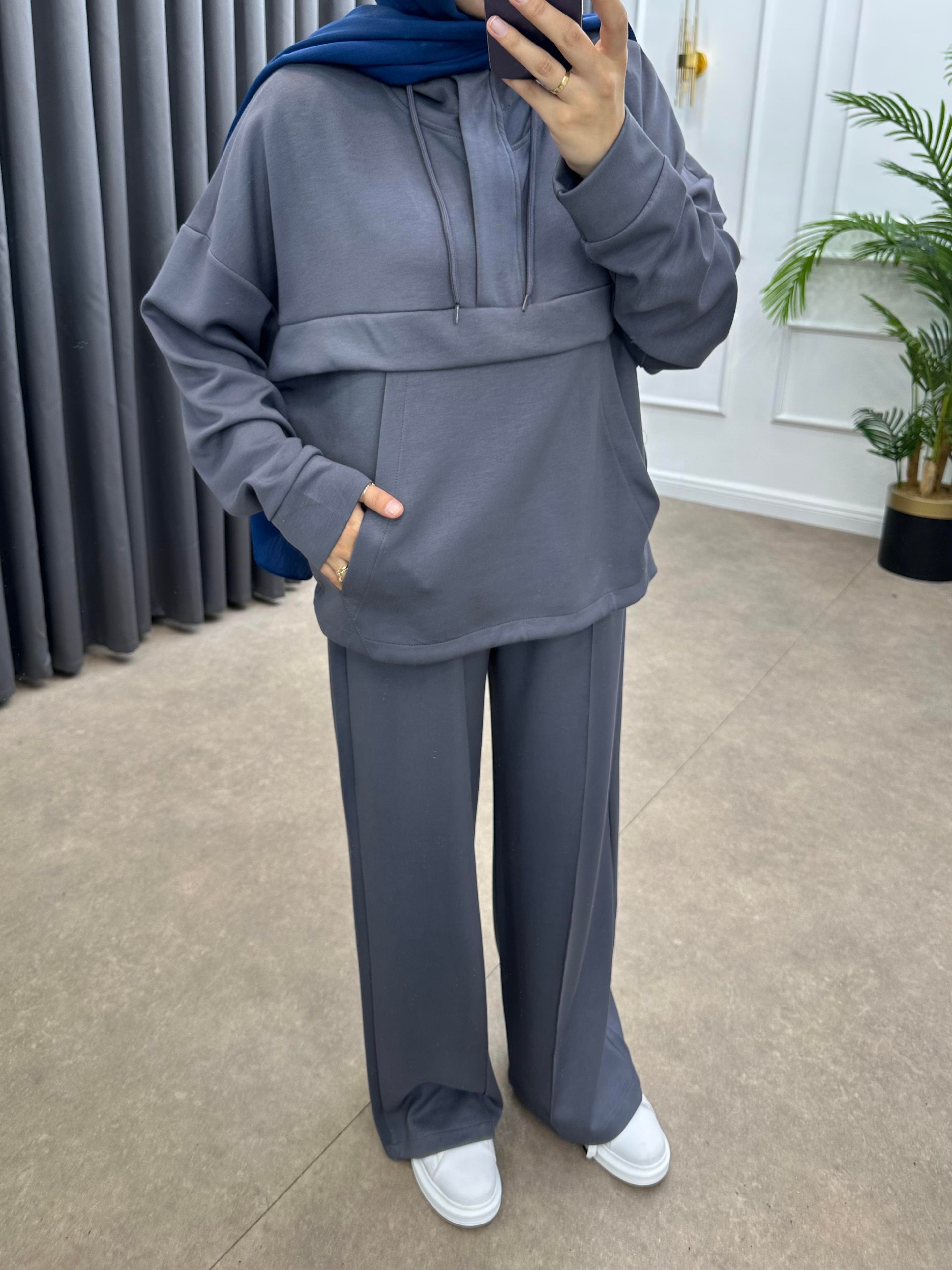 KAPÜŞONLU OYSHO PANTOLONLU TAKIM FÜME