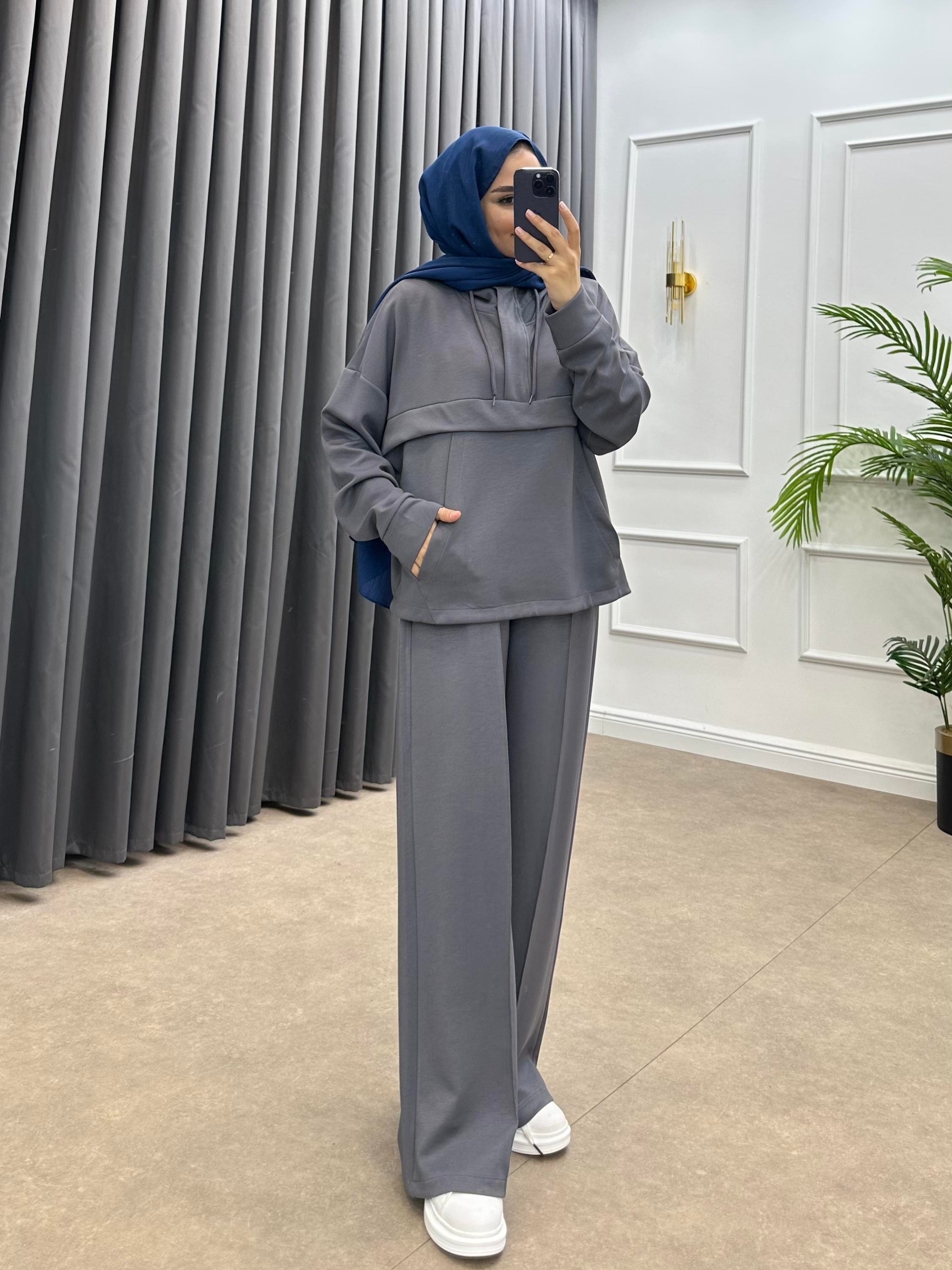 KAPÜŞONLU OYSHO PANTOLONLU TAKIM FÜME