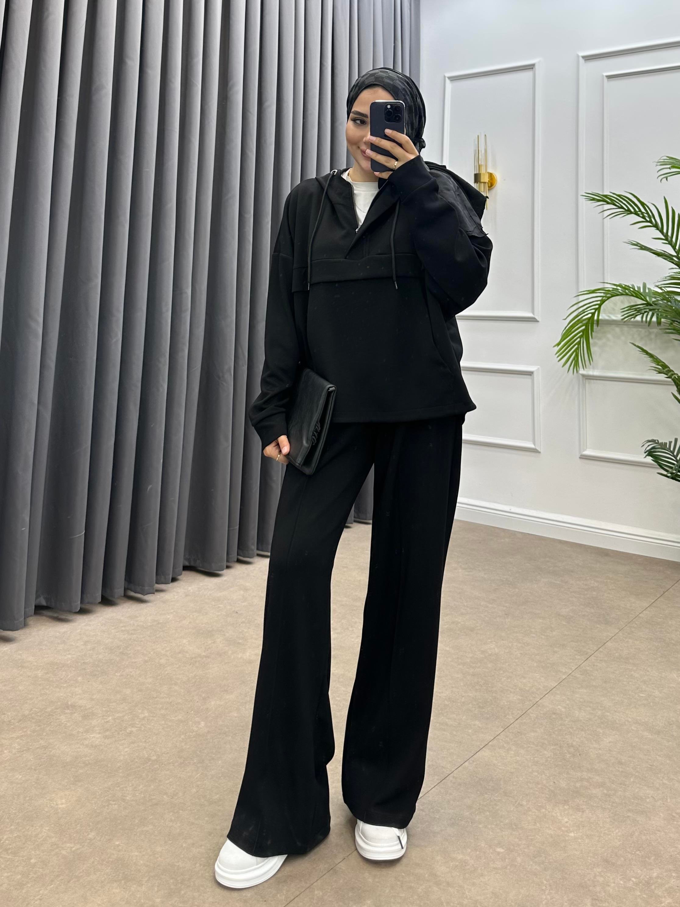 KAPÜŞONLU OYSHO PANTOLONLU TAKIM SİYAH