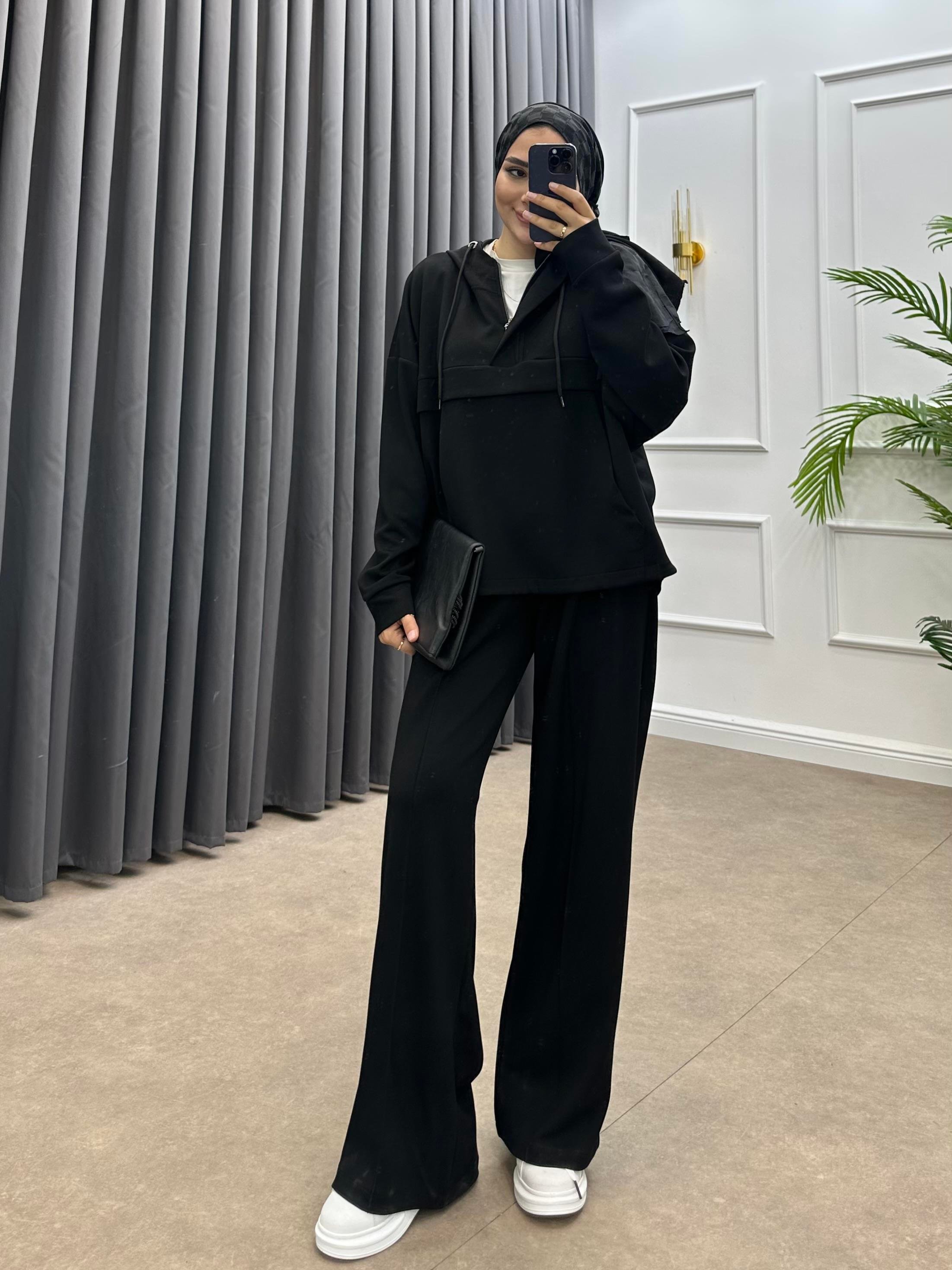 KAPÜŞONLU OYSHO PANTOLONLU TAKIM SİYAH