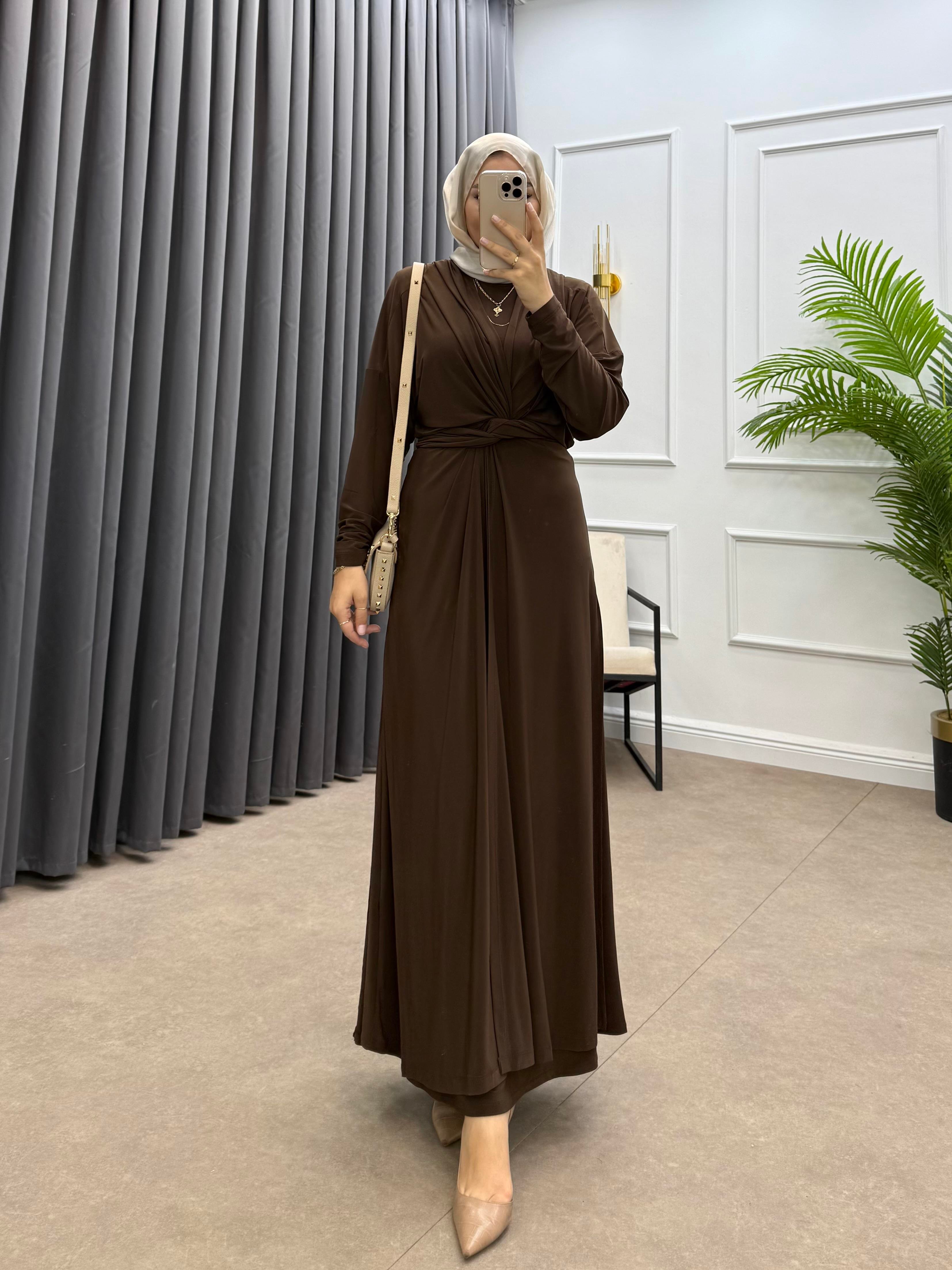 KAPÜŞONLU SANDY İKİLİ ELBİSE KAHVE