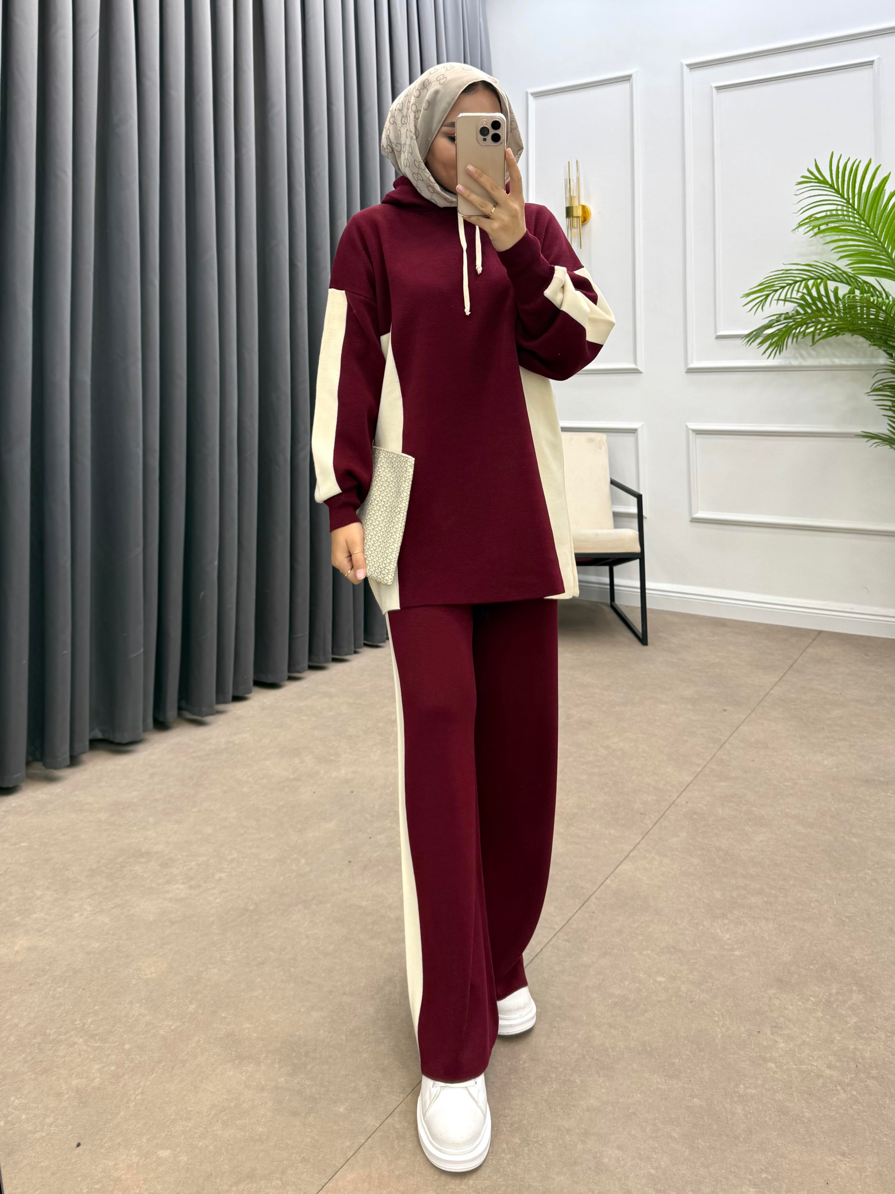 KAPÜŞONLU ŞERİTLİ TRİKO TAKIM BORDO