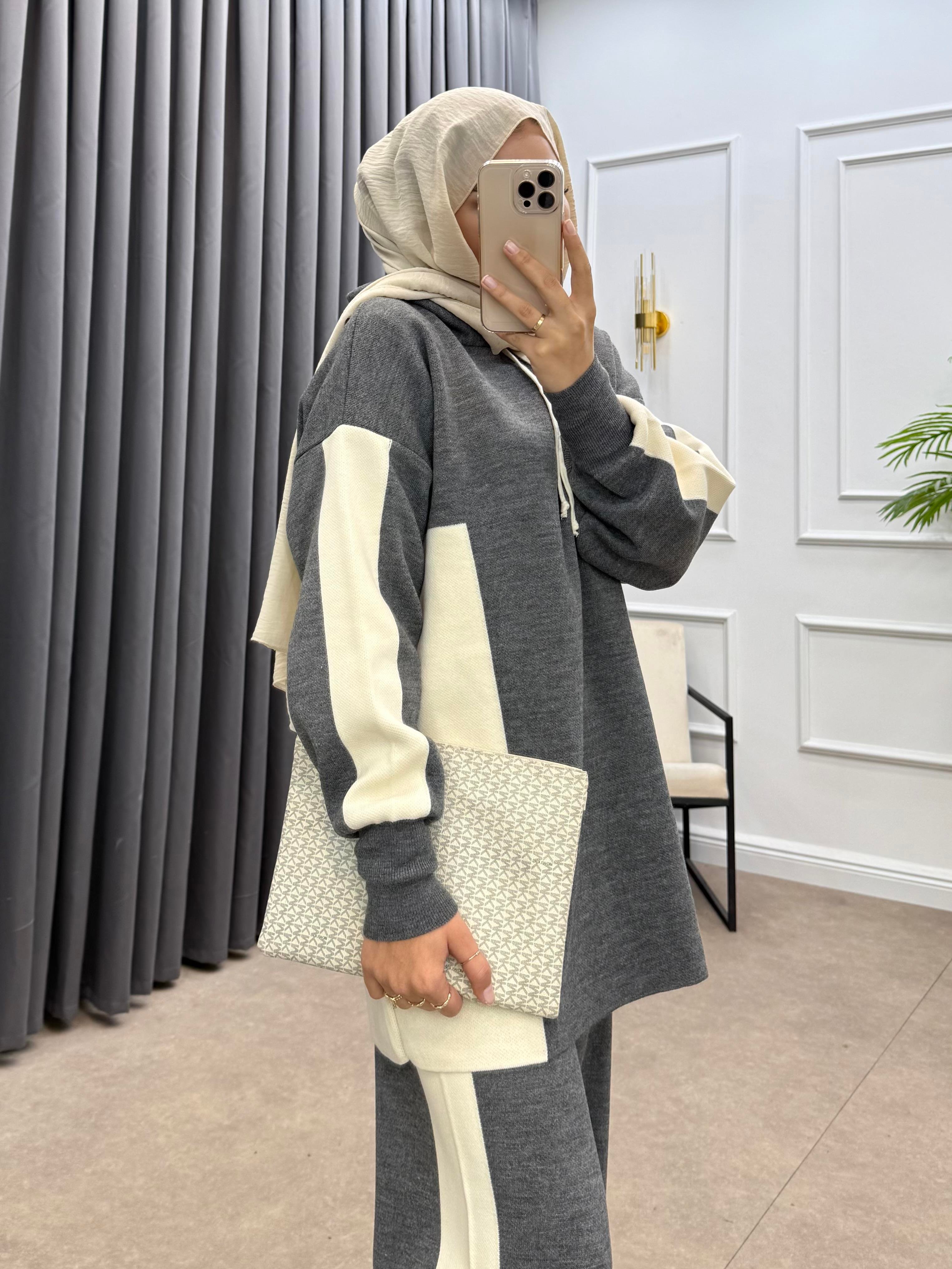 KAPÜŞONLU ŞERİTLİ TRİKO TAKIM GRİ