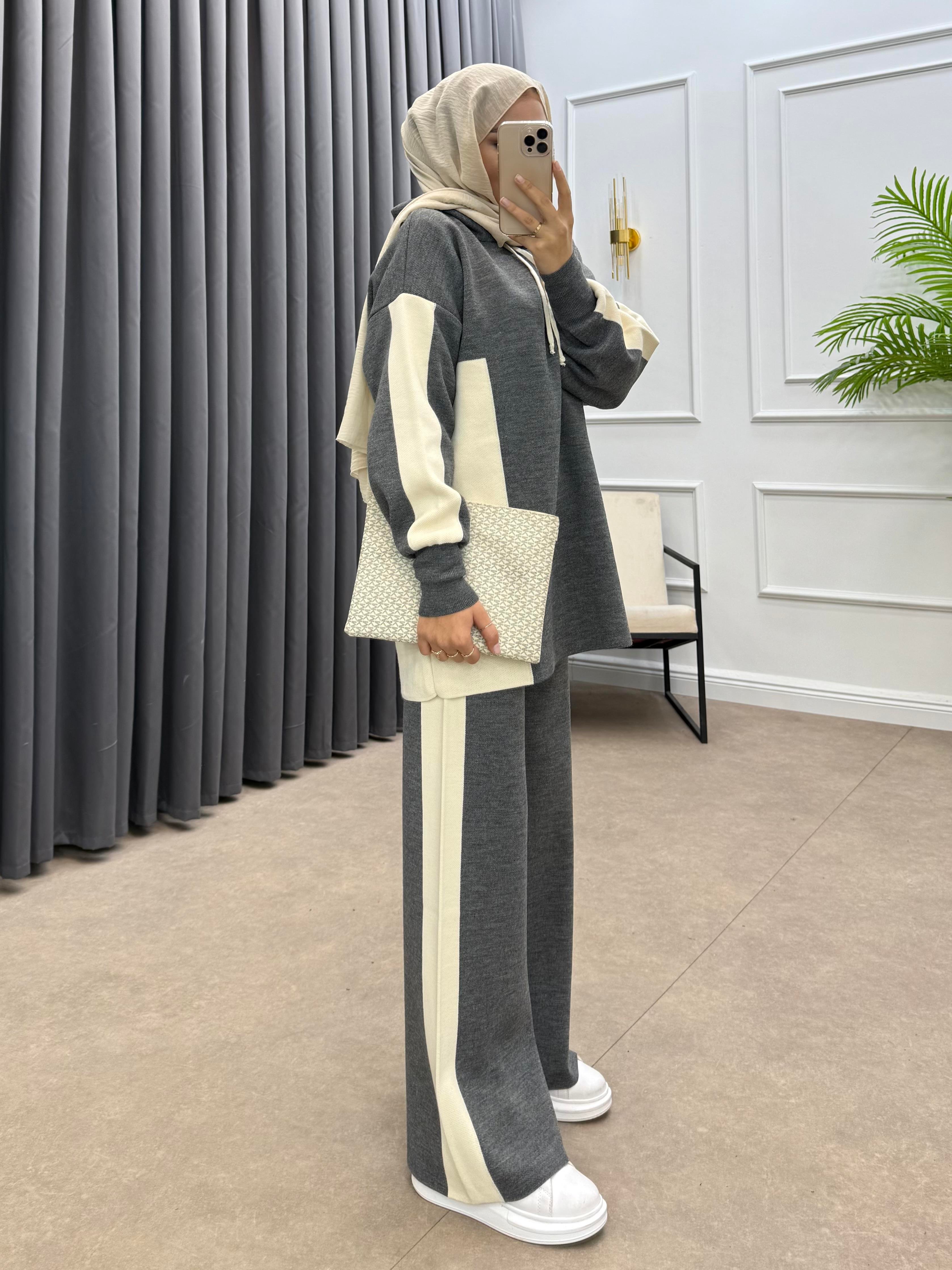 KAPÜŞONLU ŞERİTLİ TRİKO TAKIM GRİ