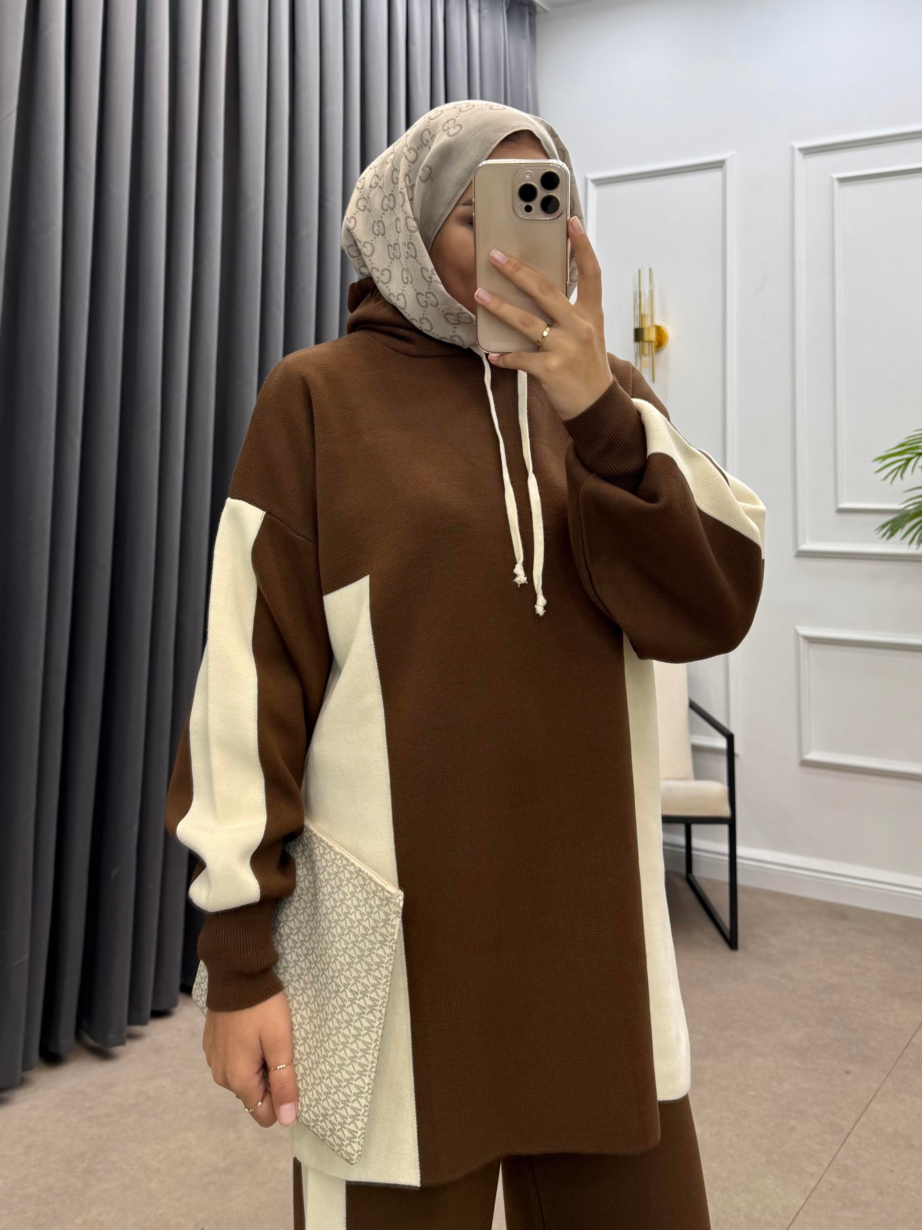 KAPÜŞONLU ŞERİTLİ TRİKO TAKIM KAHVE