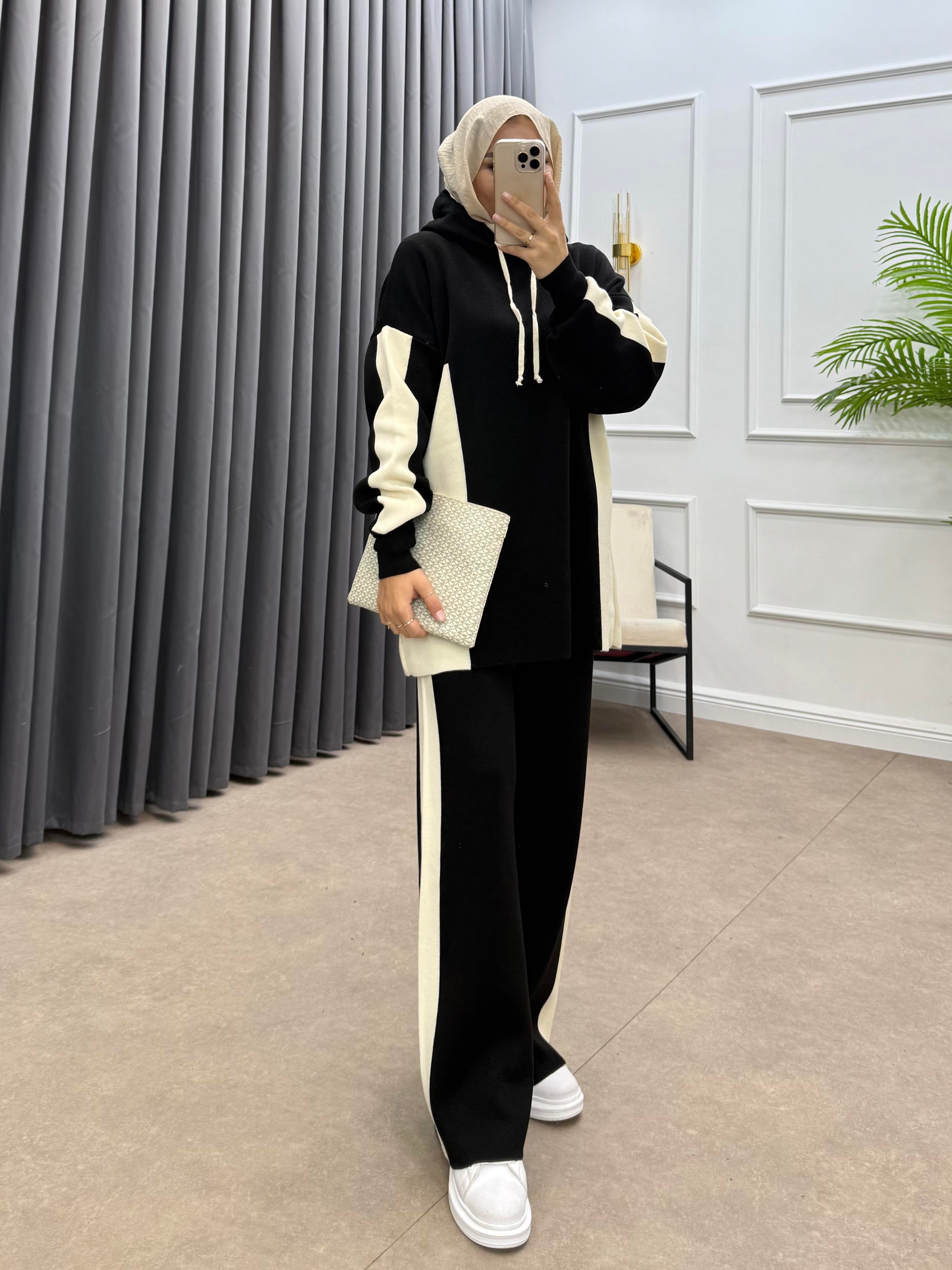 KAPÜŞONLU ŞERİTLİ TRİKO TAKIM SİYAH