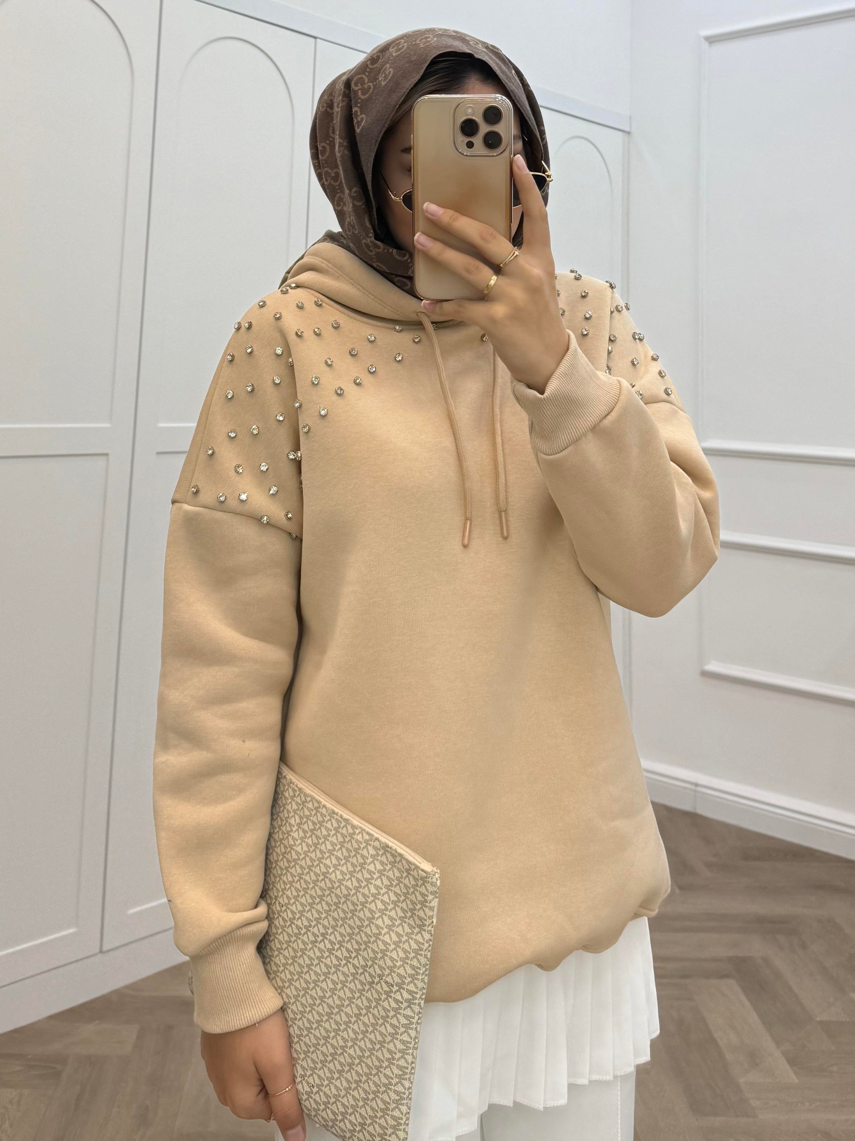 KAPÜŞONLU TAŞLI SWEAT BEJ