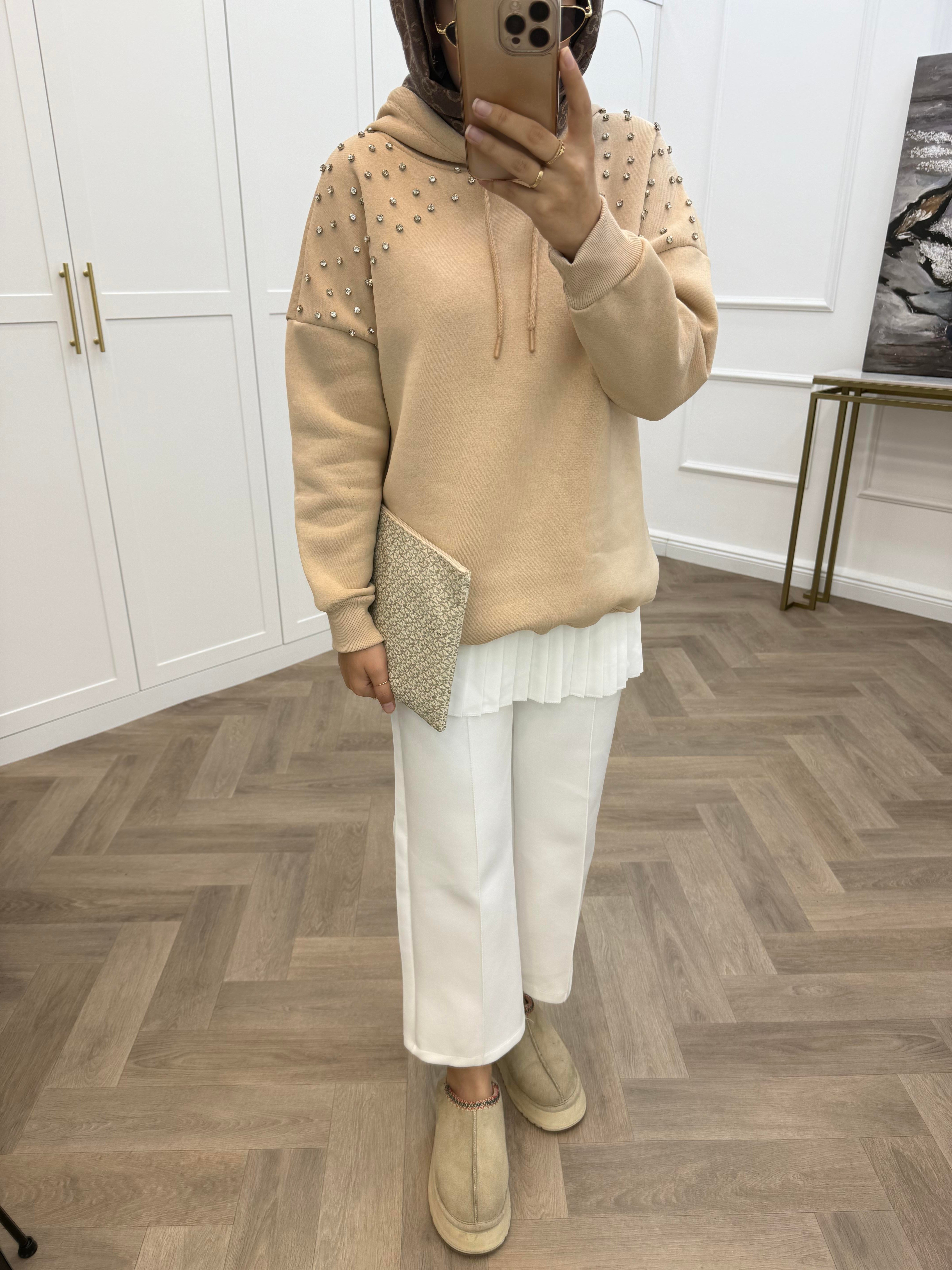 KAPÜŞONLU TAŞLI SWEAT BEJ