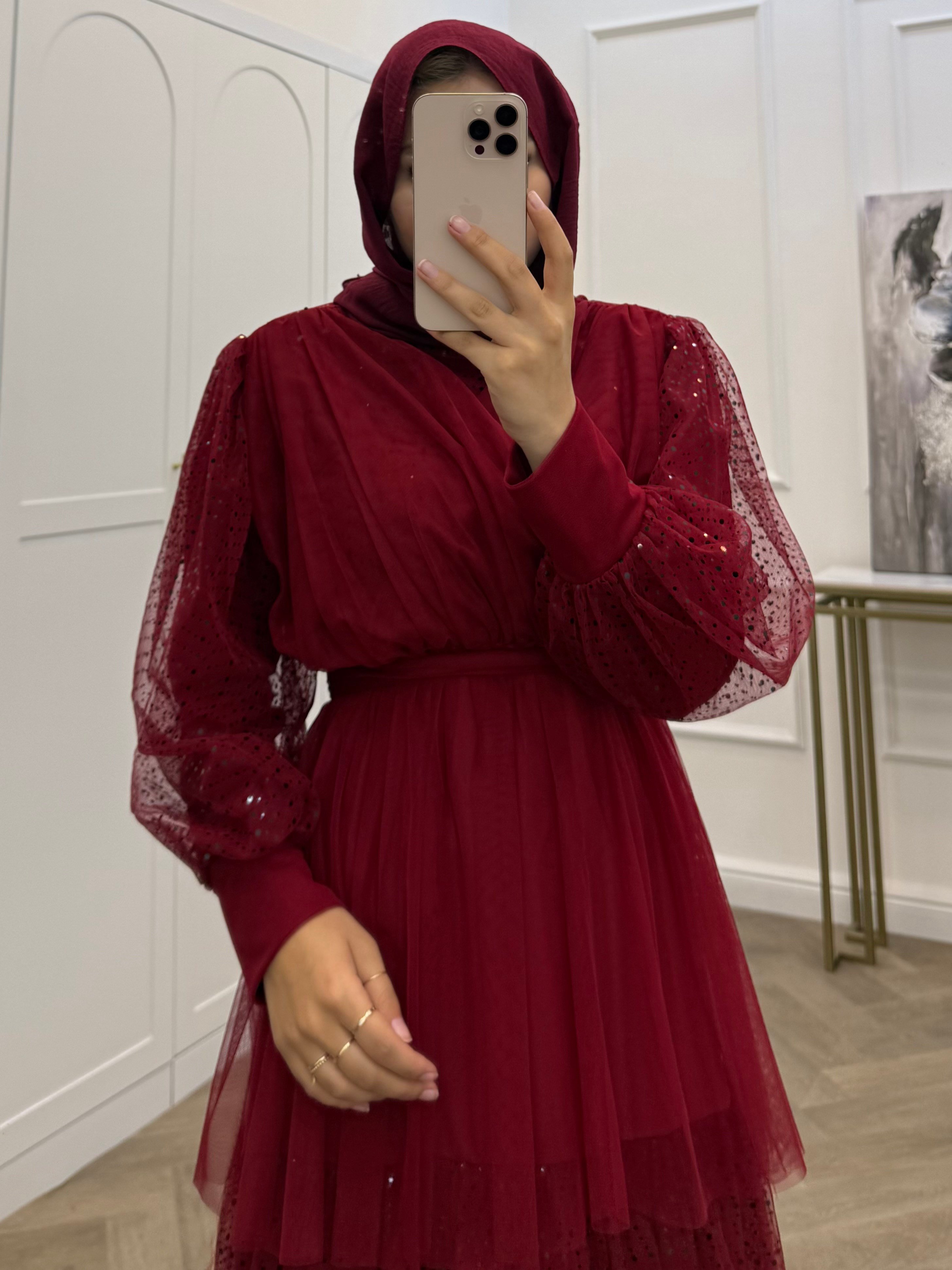 KATLI PAYETLİ TÜL ELBİSE BORDO