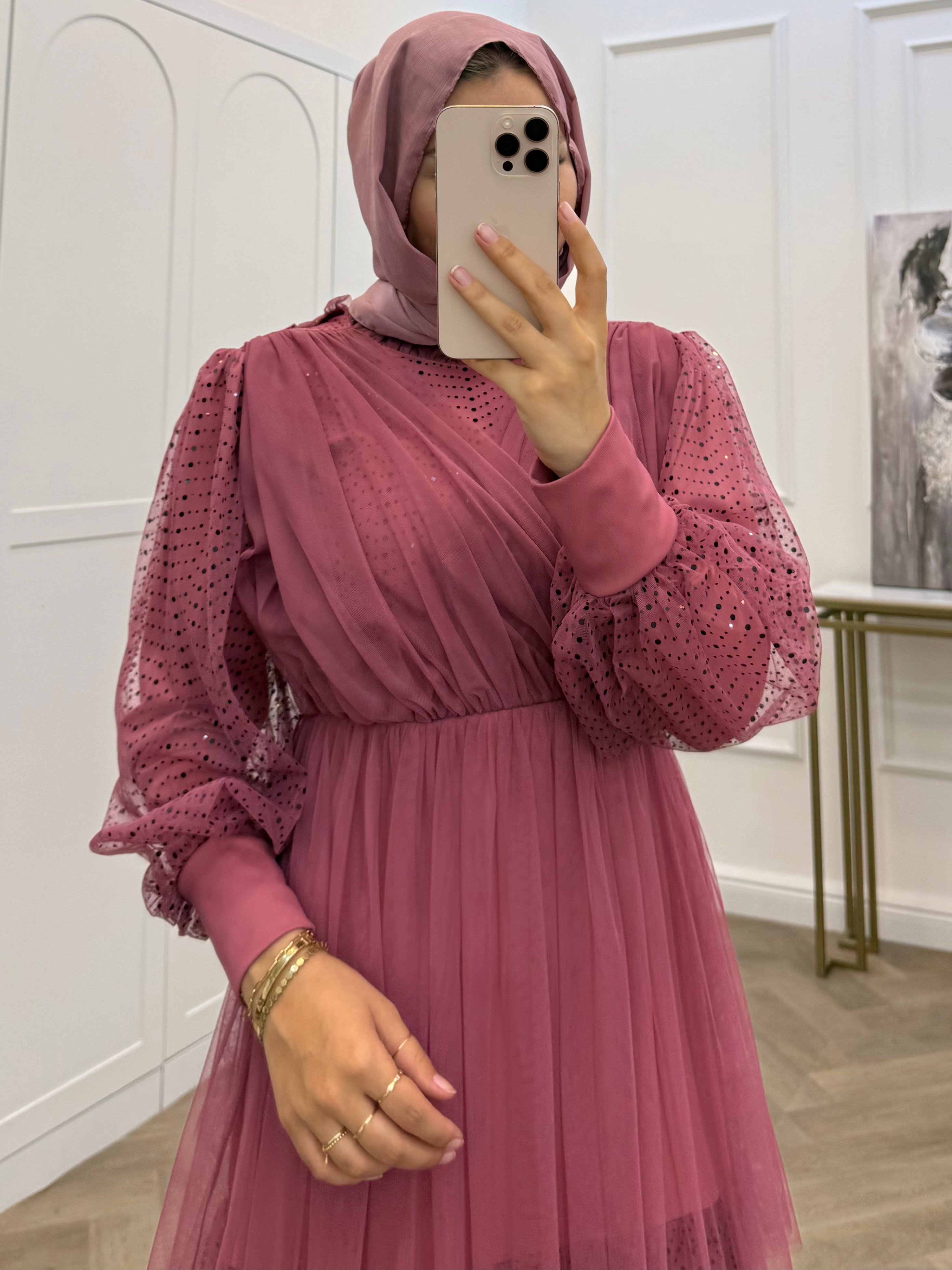 KATLI PAYETLİ TÜL ELBİSE GÜL KURUSU