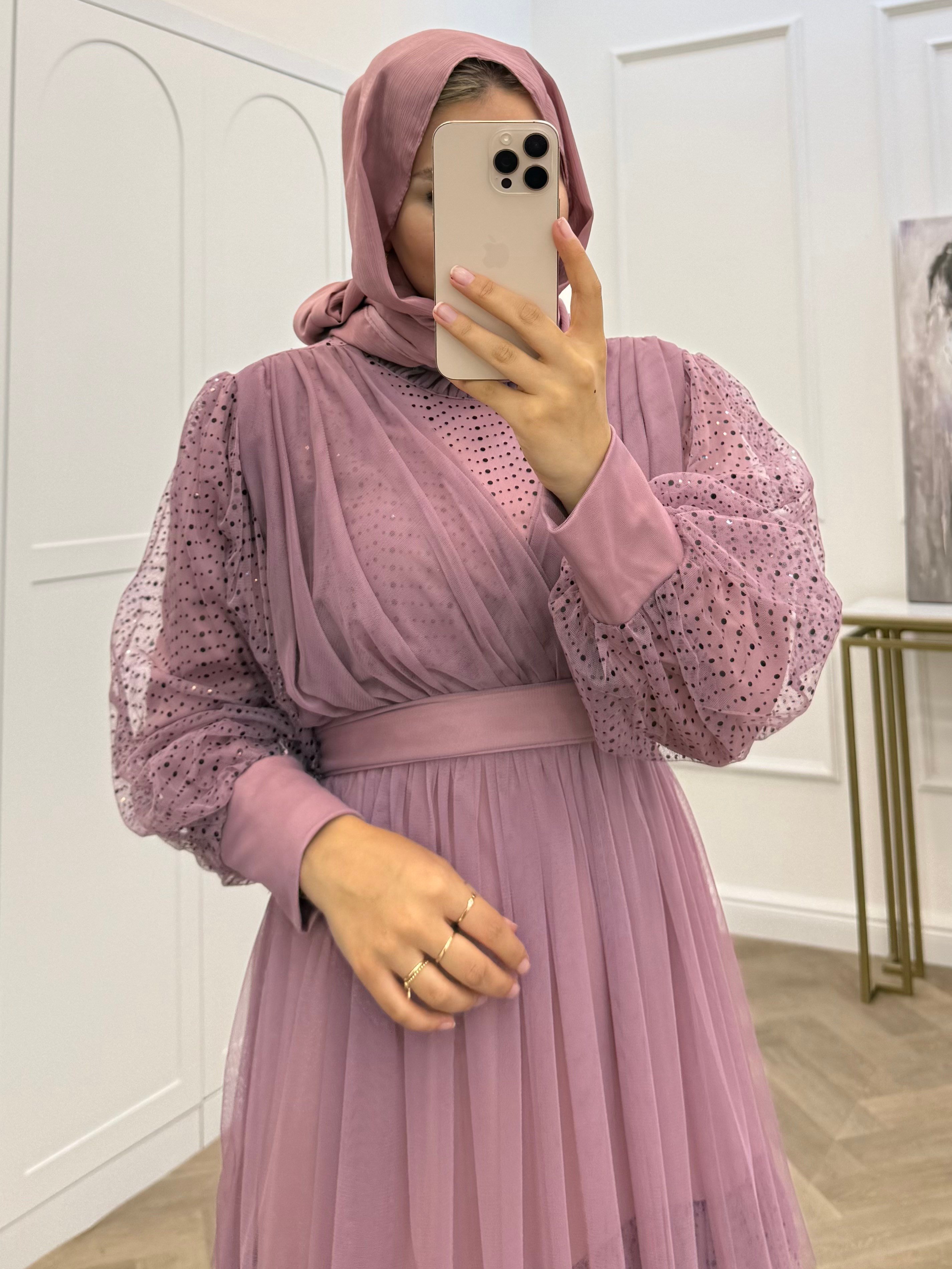 KATLI PAYETLİ TÜL ELBİSE PUDRA