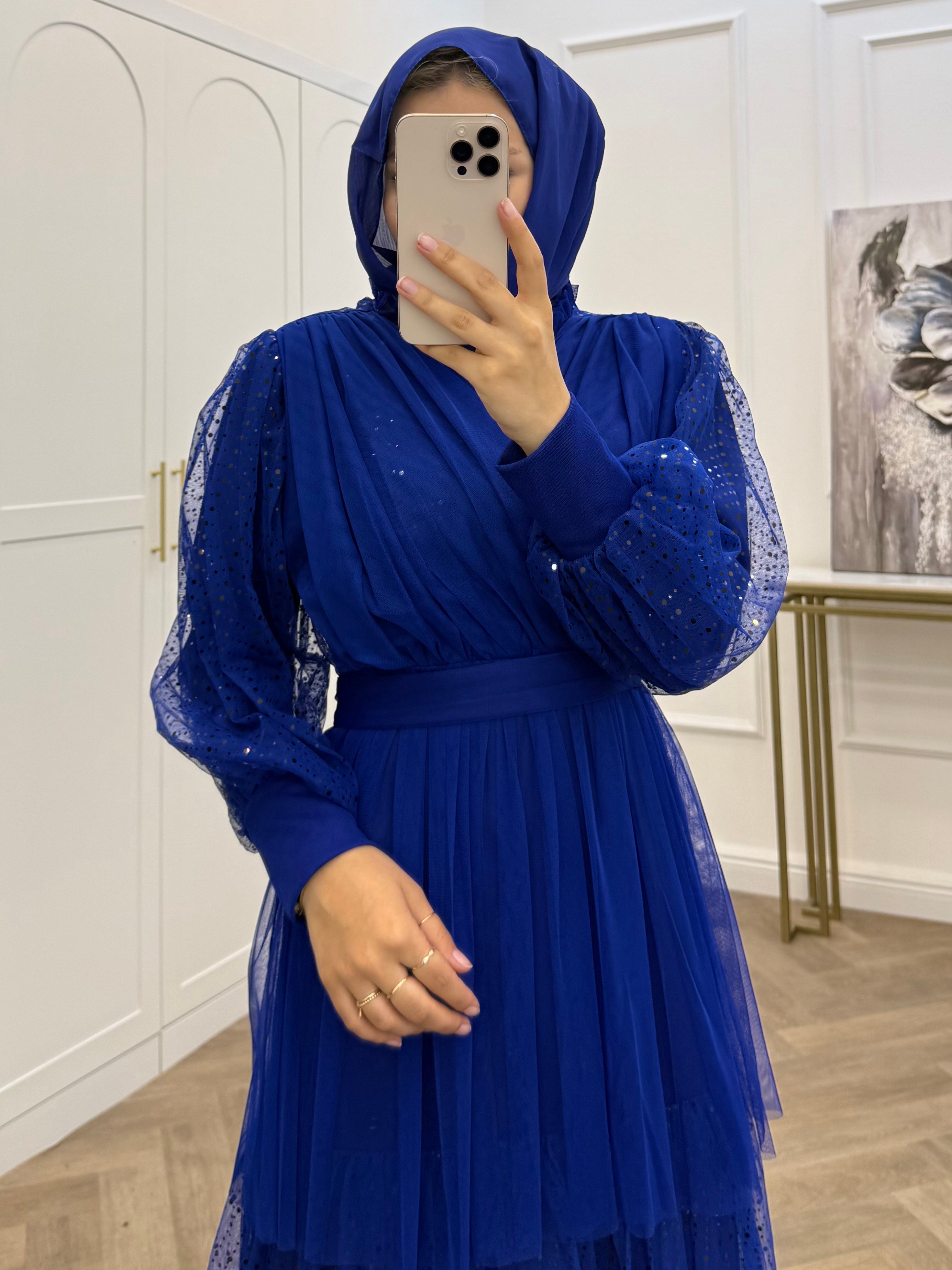 KATLI PAYETLİ TÜL ELBİSE SAKS