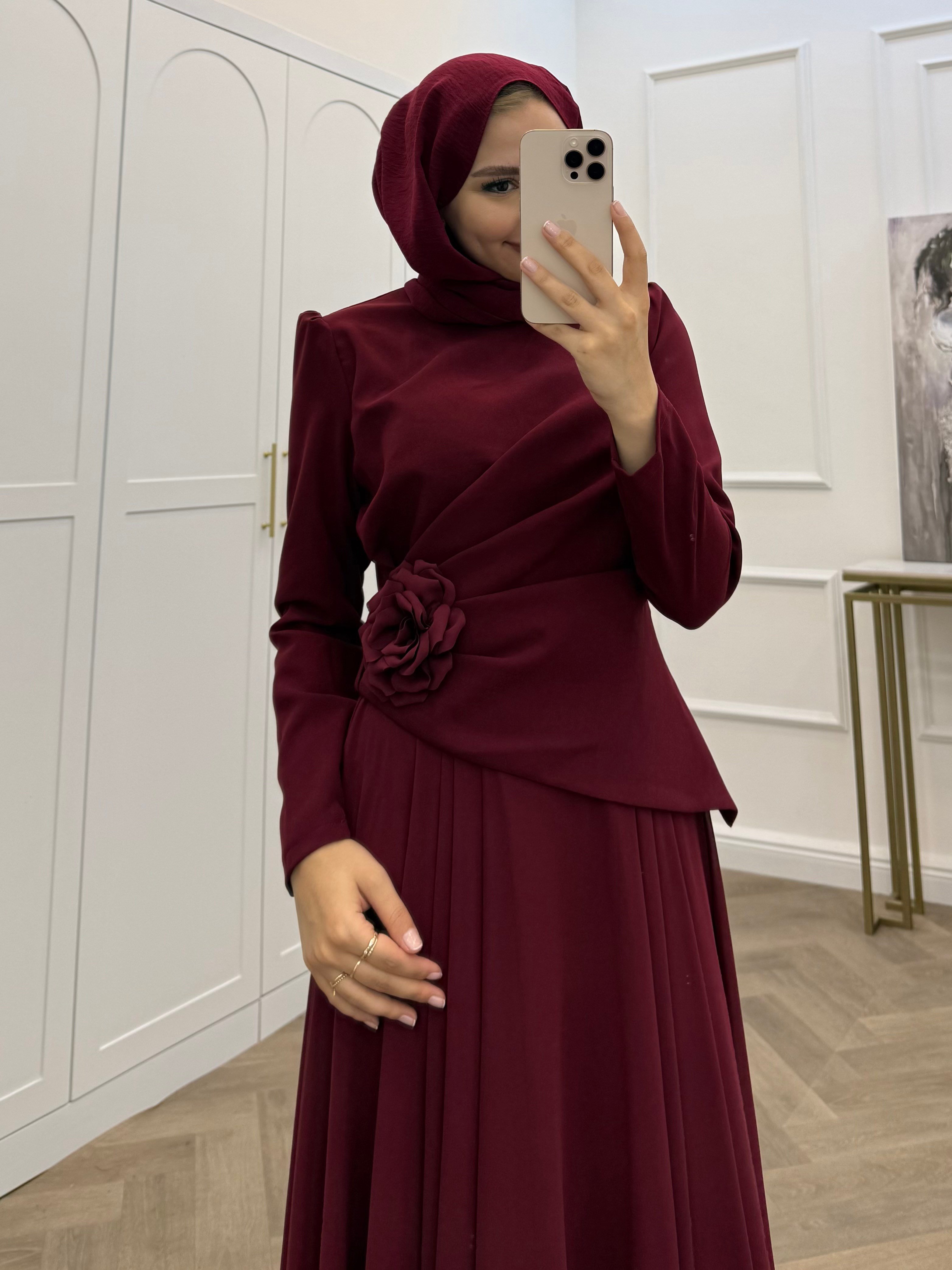 KAYA GÜL DETAYLI ABİYE BORDO