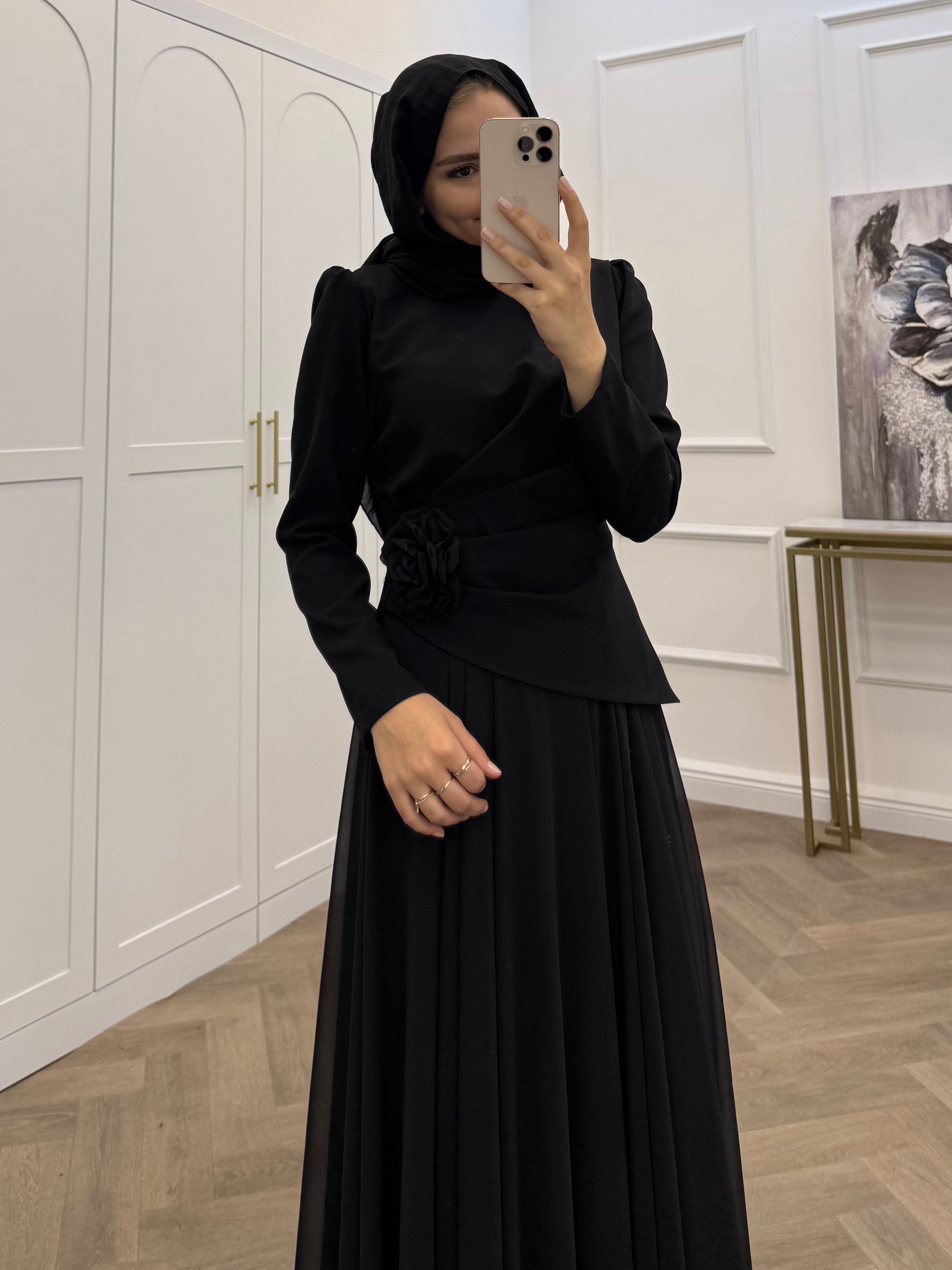 KAYA GÜL DETAYLI ABİYE SİYAH