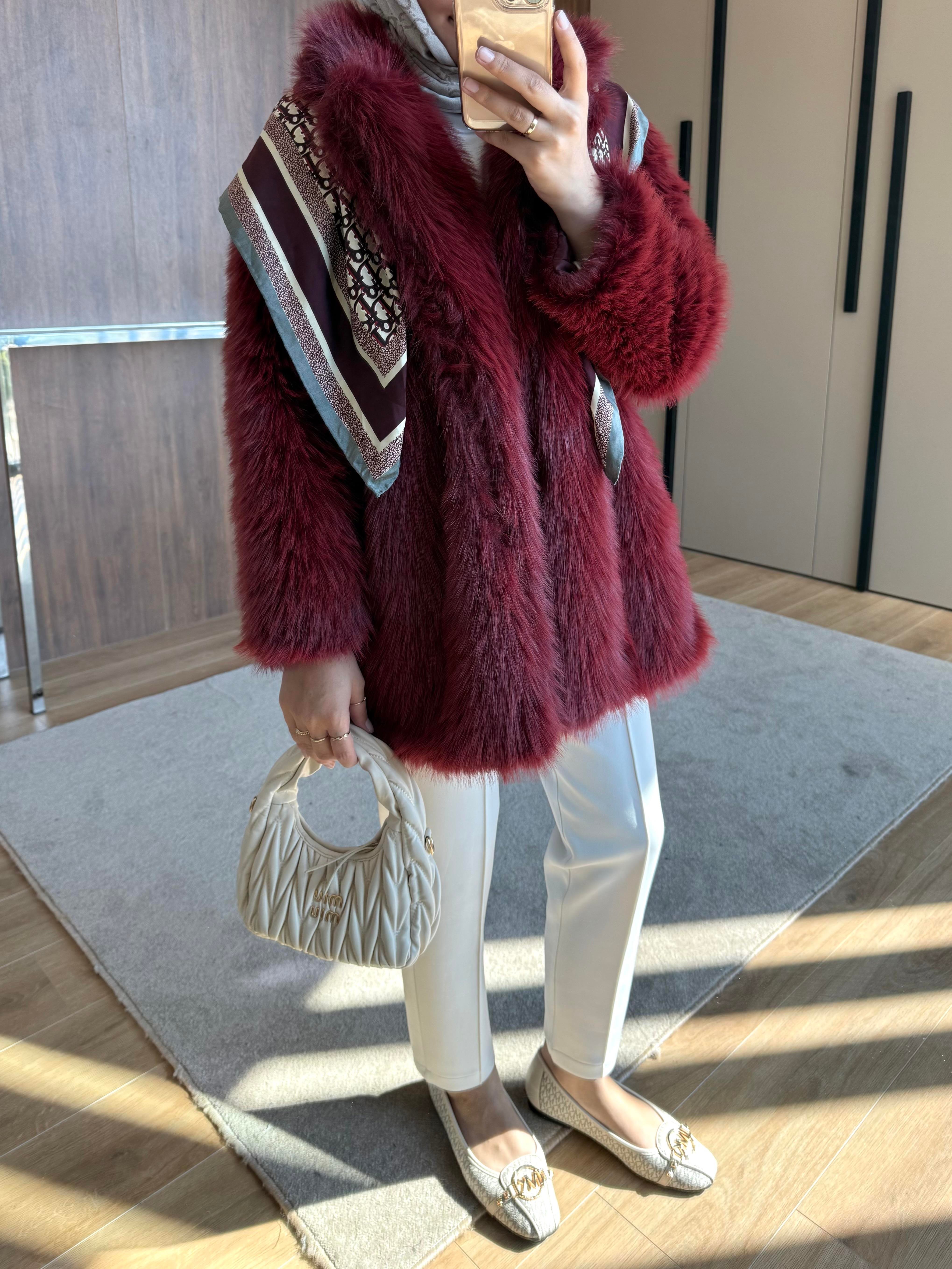 KEMER BEL DETAYLI ŞAL YAKA KÜRK BORDO