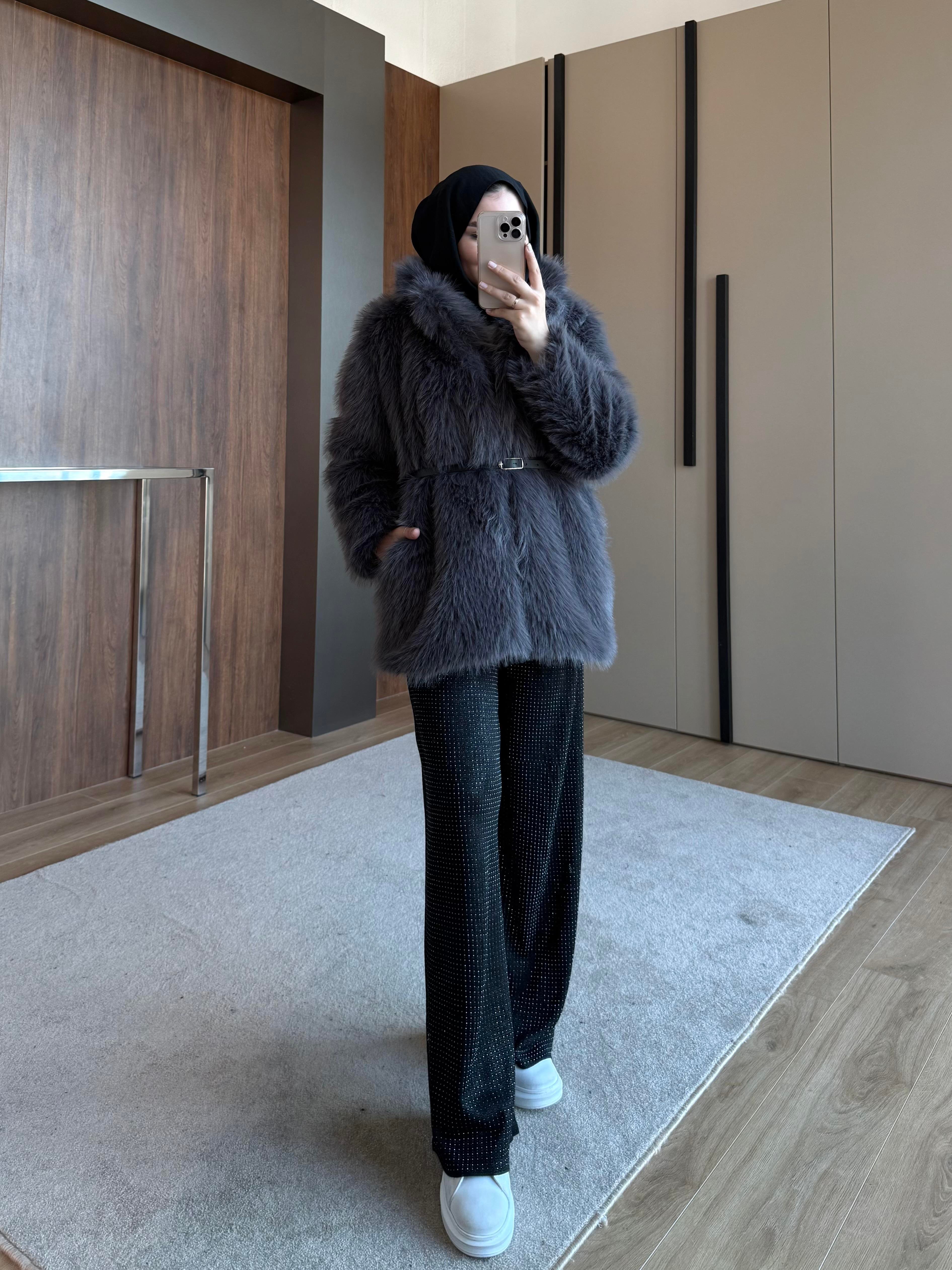 KEMER BEL DETAYLI ŞAL YAKA KÜRK FÜME