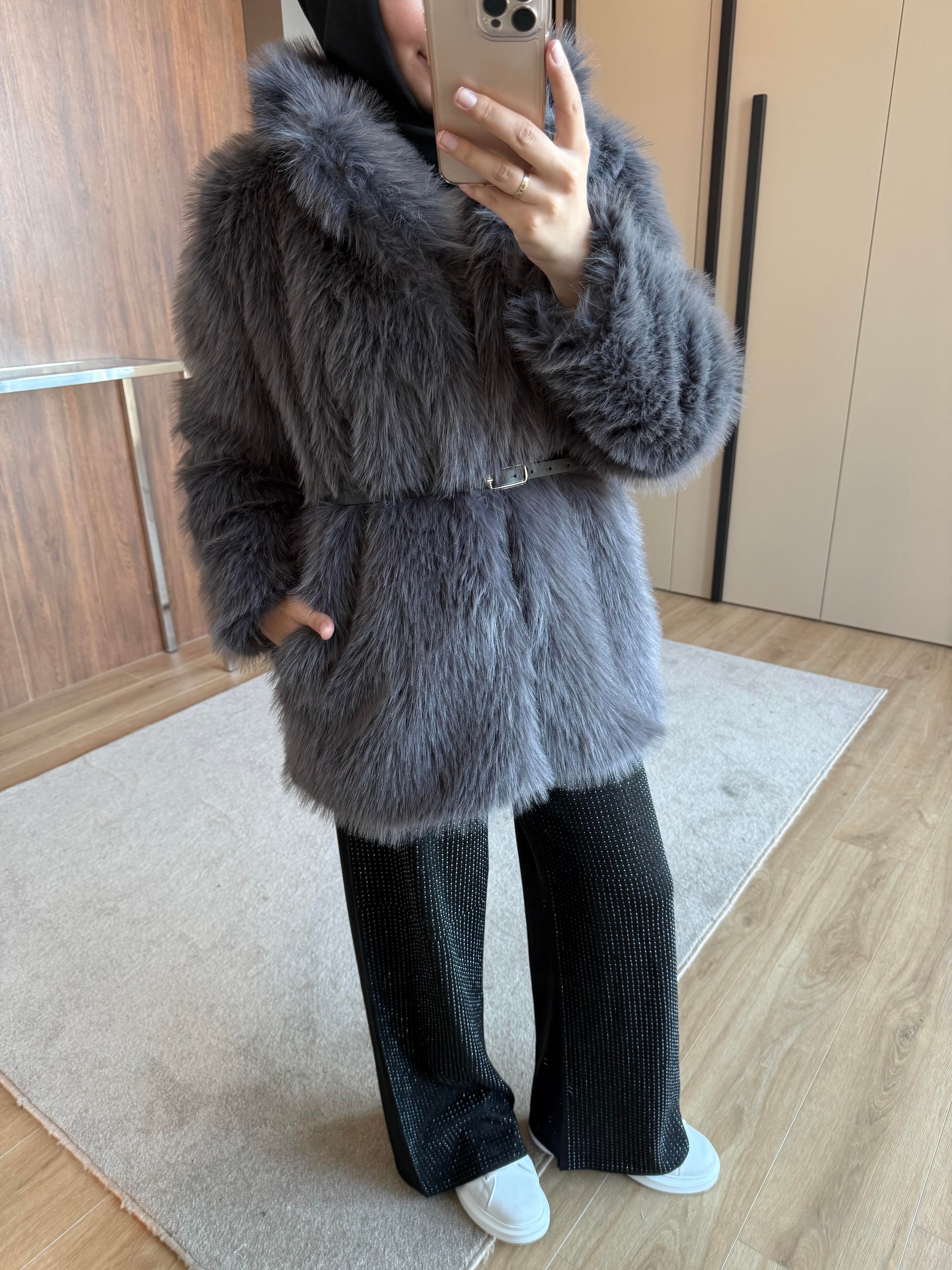 KEMER BEL DETAYLI ŞAL YAKA KÜRK FÜME