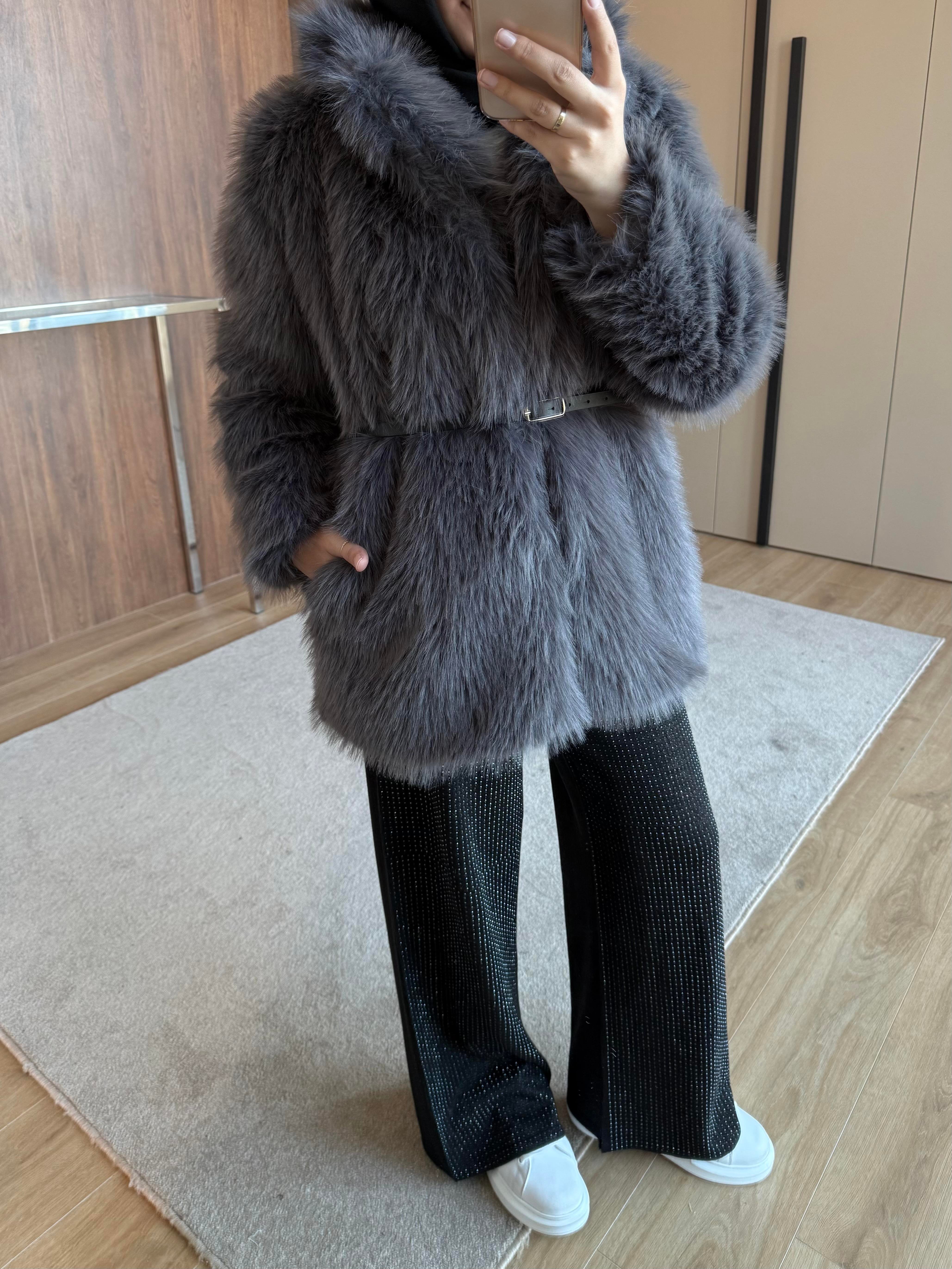 KEMER BEL DETAYLI ŞAL YAKA KÜRK FÜME