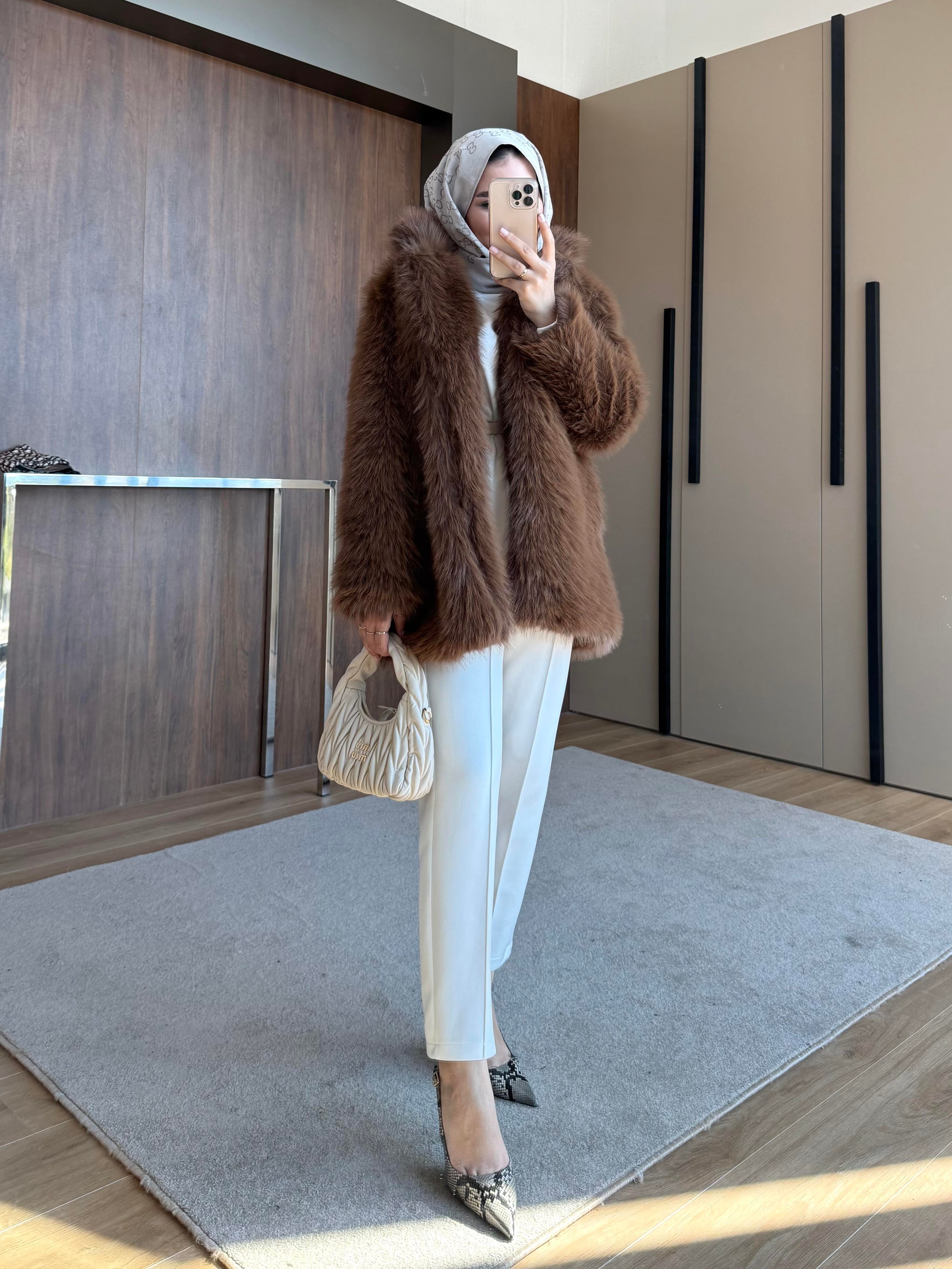 KEMER BEL DETAYLI ŞAL YAKA KÜRK KAHVE