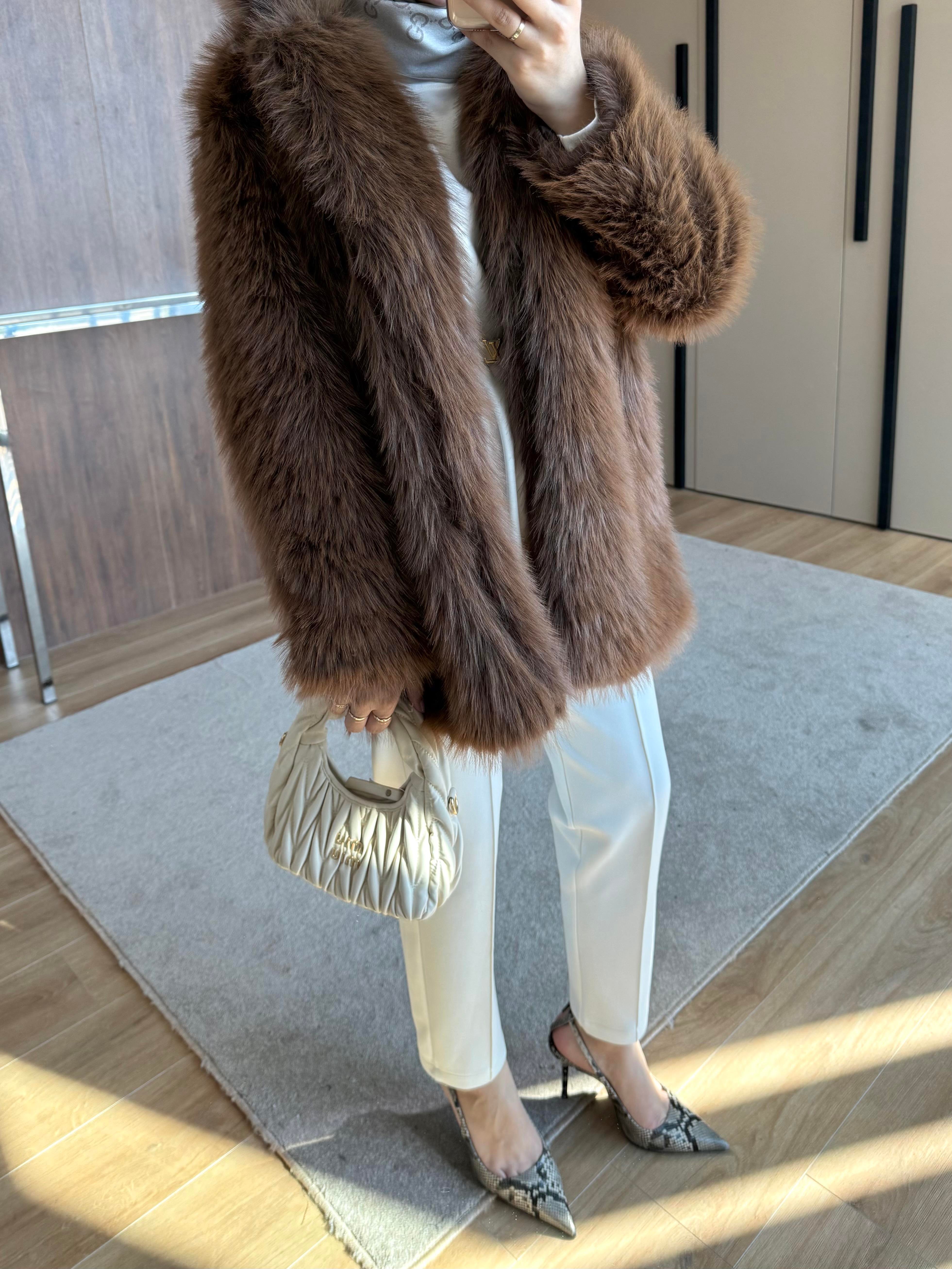 KEMER BEL DETAYLI ŞAL YAKA KÜRK KAHVE