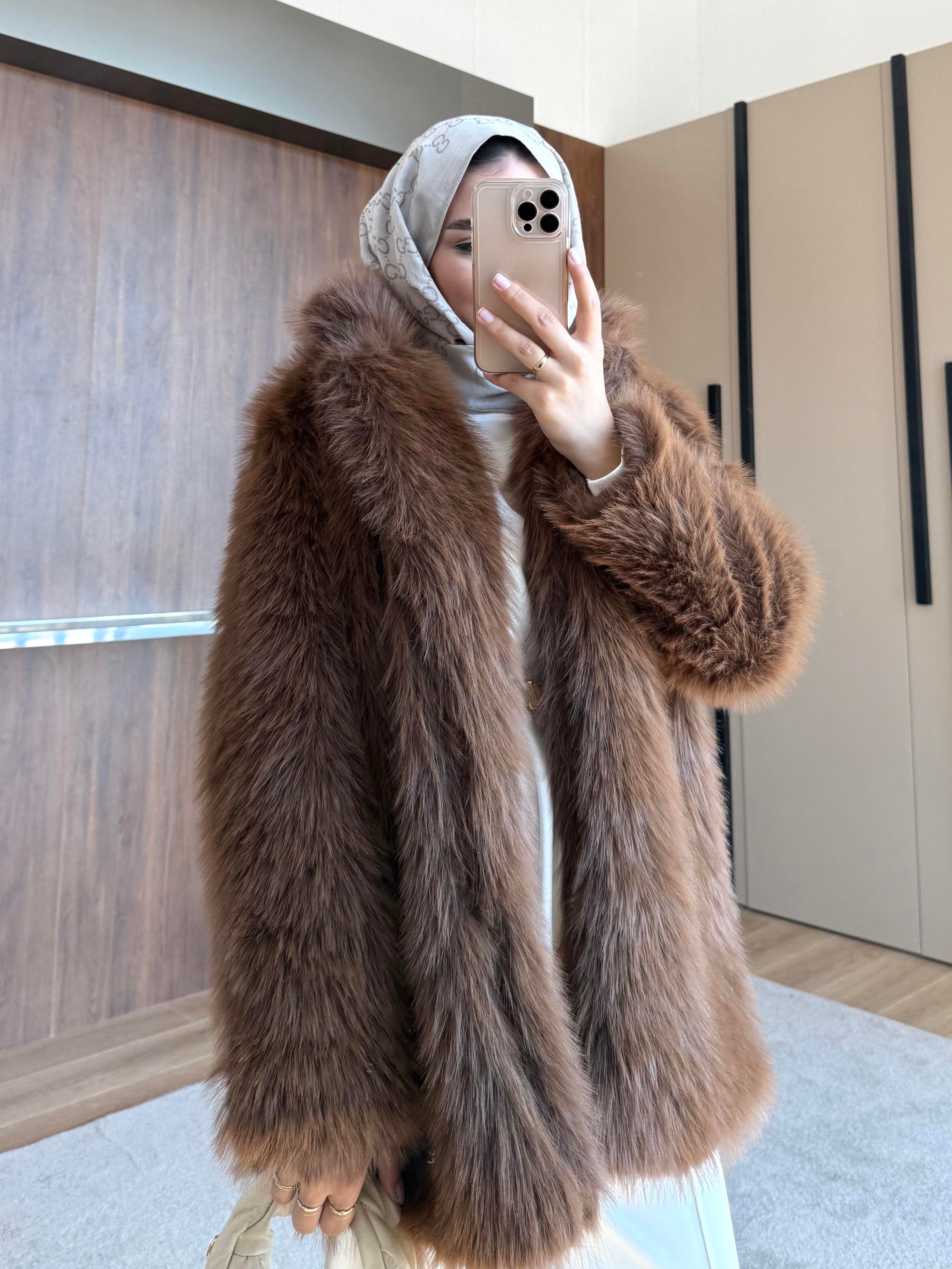 KEMER BEL DETAYLI ŞAL YAKA KÜRK KAHVE