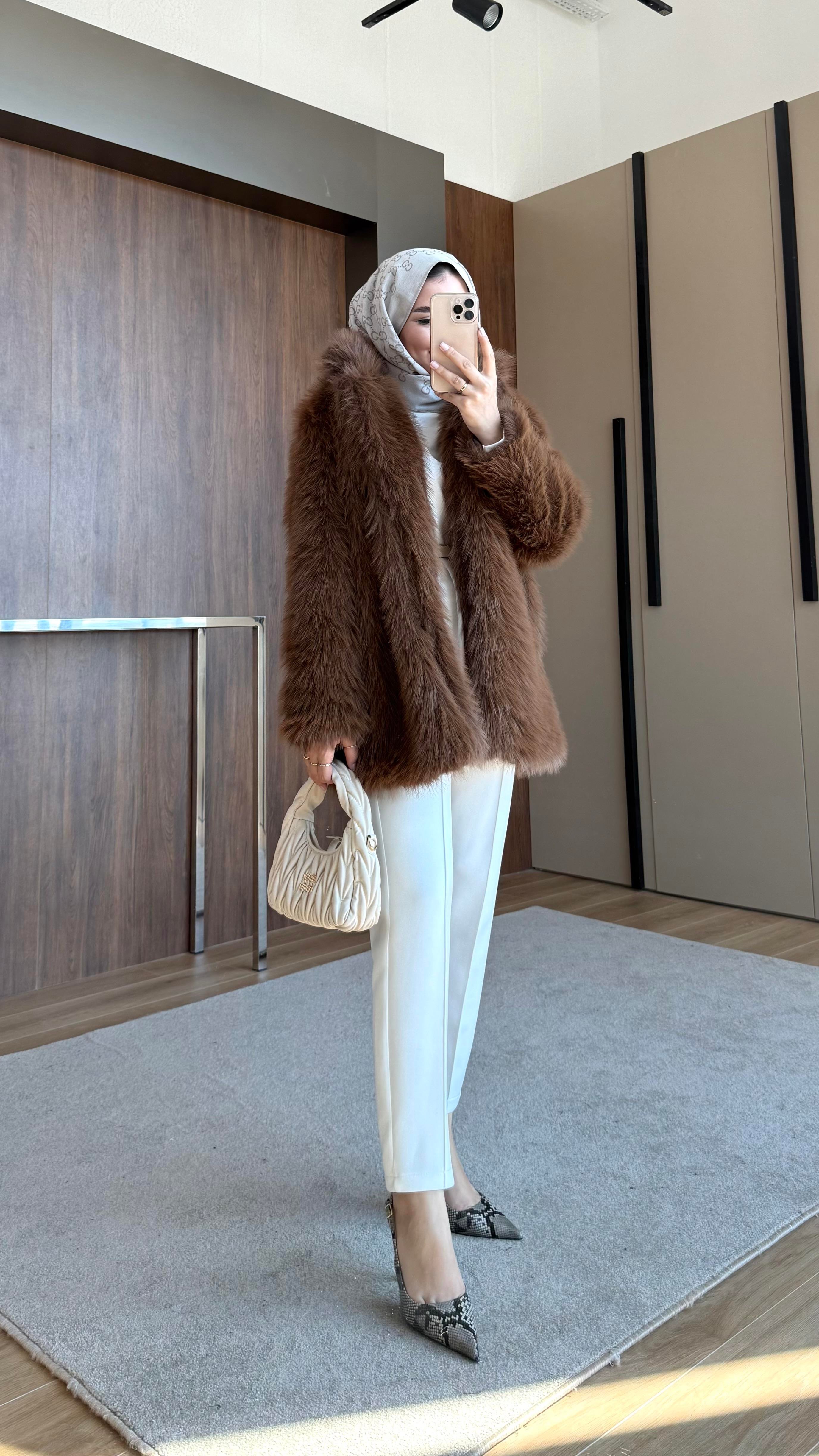 KEMER BEL DETAYLI ŞAL YAKA KÜRK KAHVE