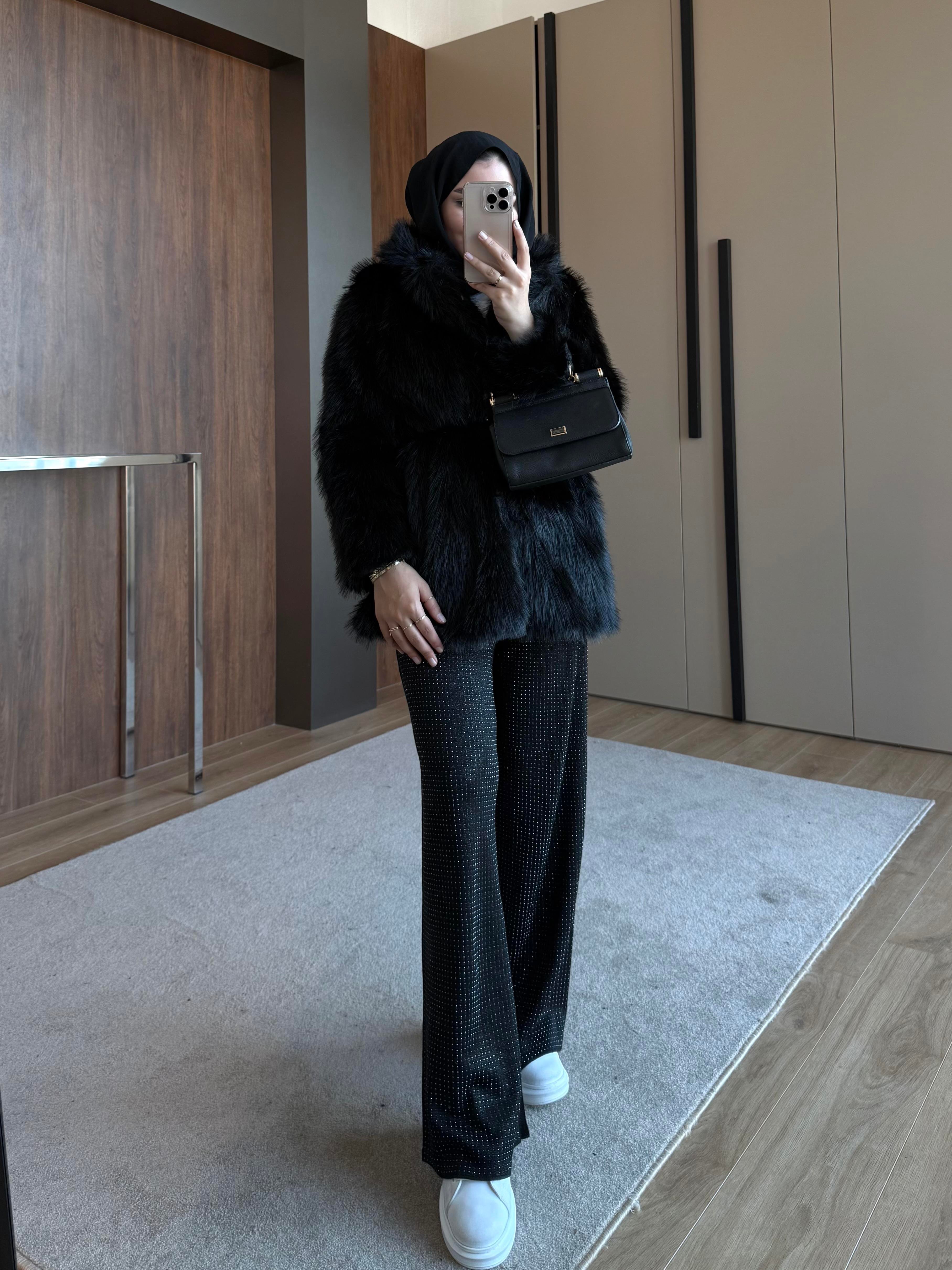 KEMER BEL DETAYLI ŞAL YAKA KÜRK SİYAH