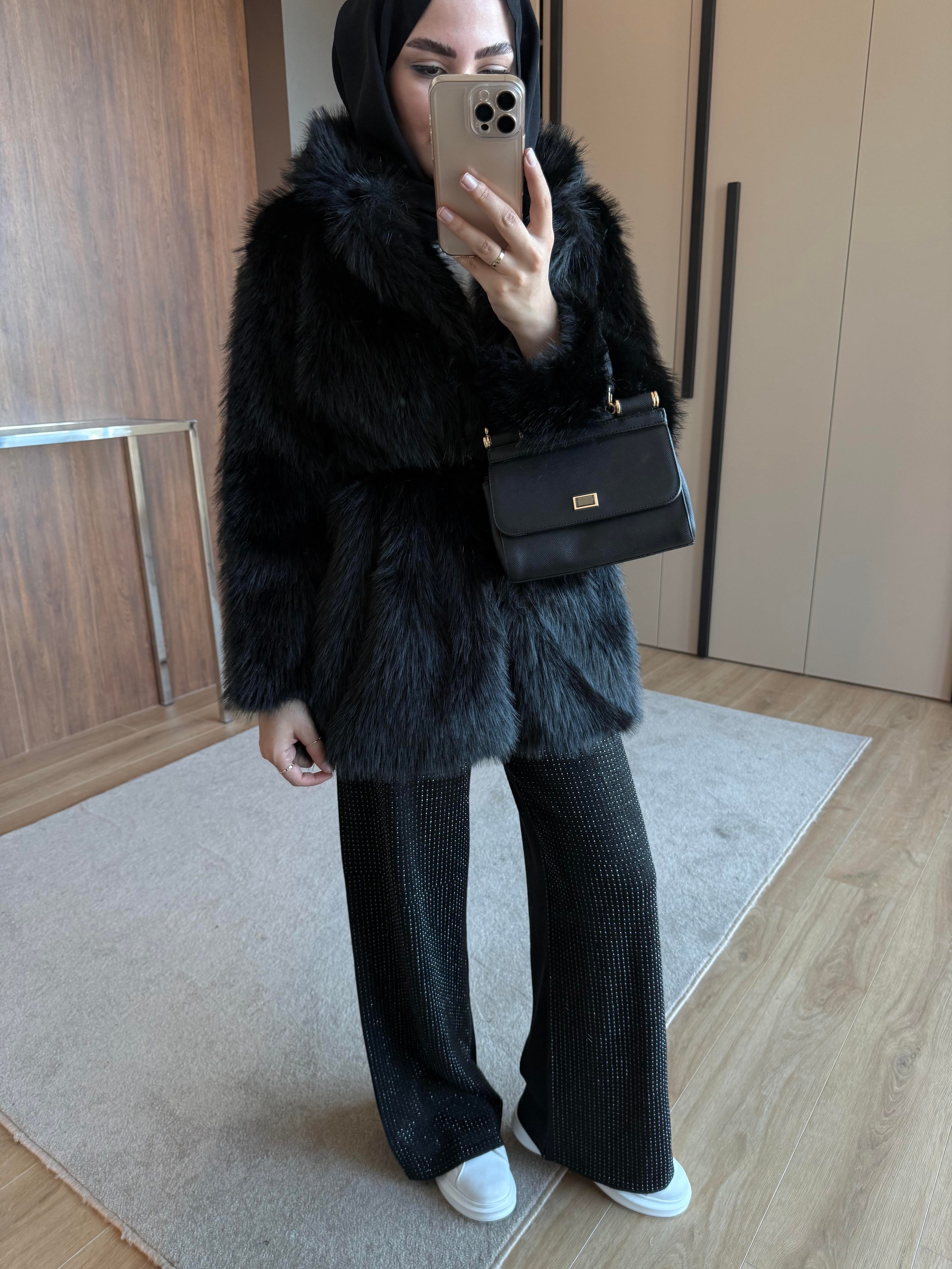 KEMER BEL DETAYLI ŞAL YAKA KÜRK SİYAH