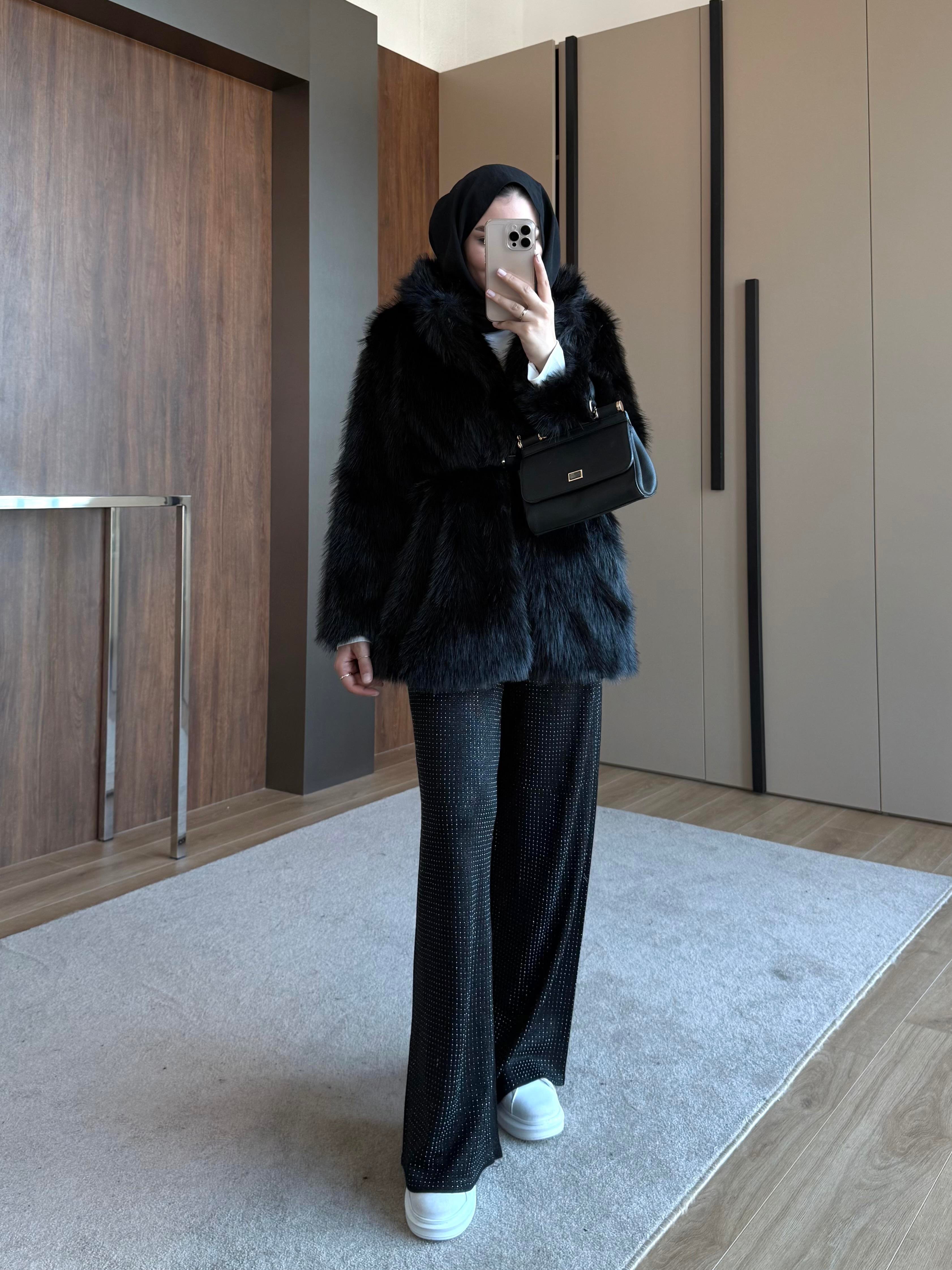 KEMER BEL DETAYLI ŞAL YAKA KÜRK SİYAH