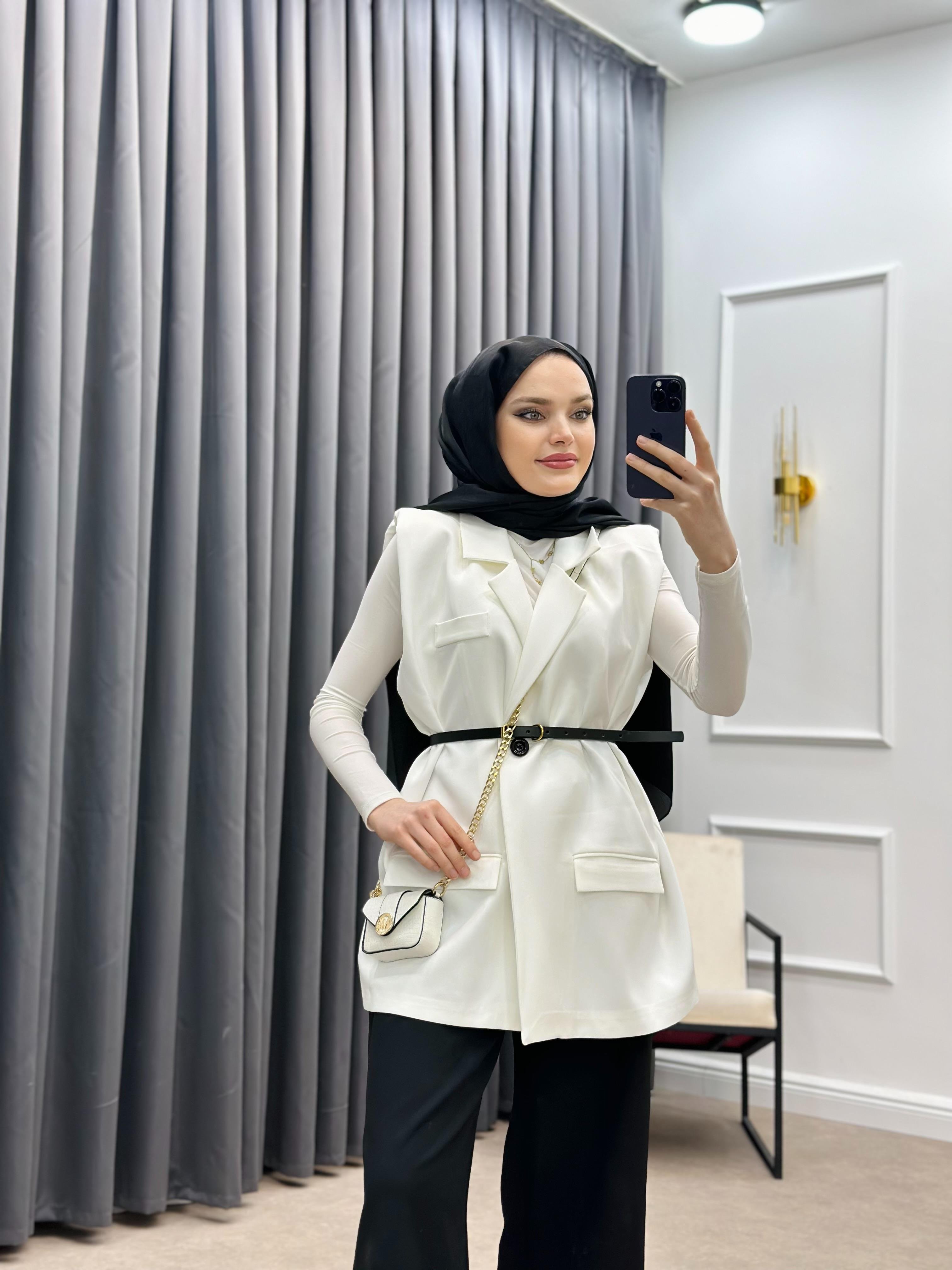 KEMERLİ BLAZER YELEK BEYAZ