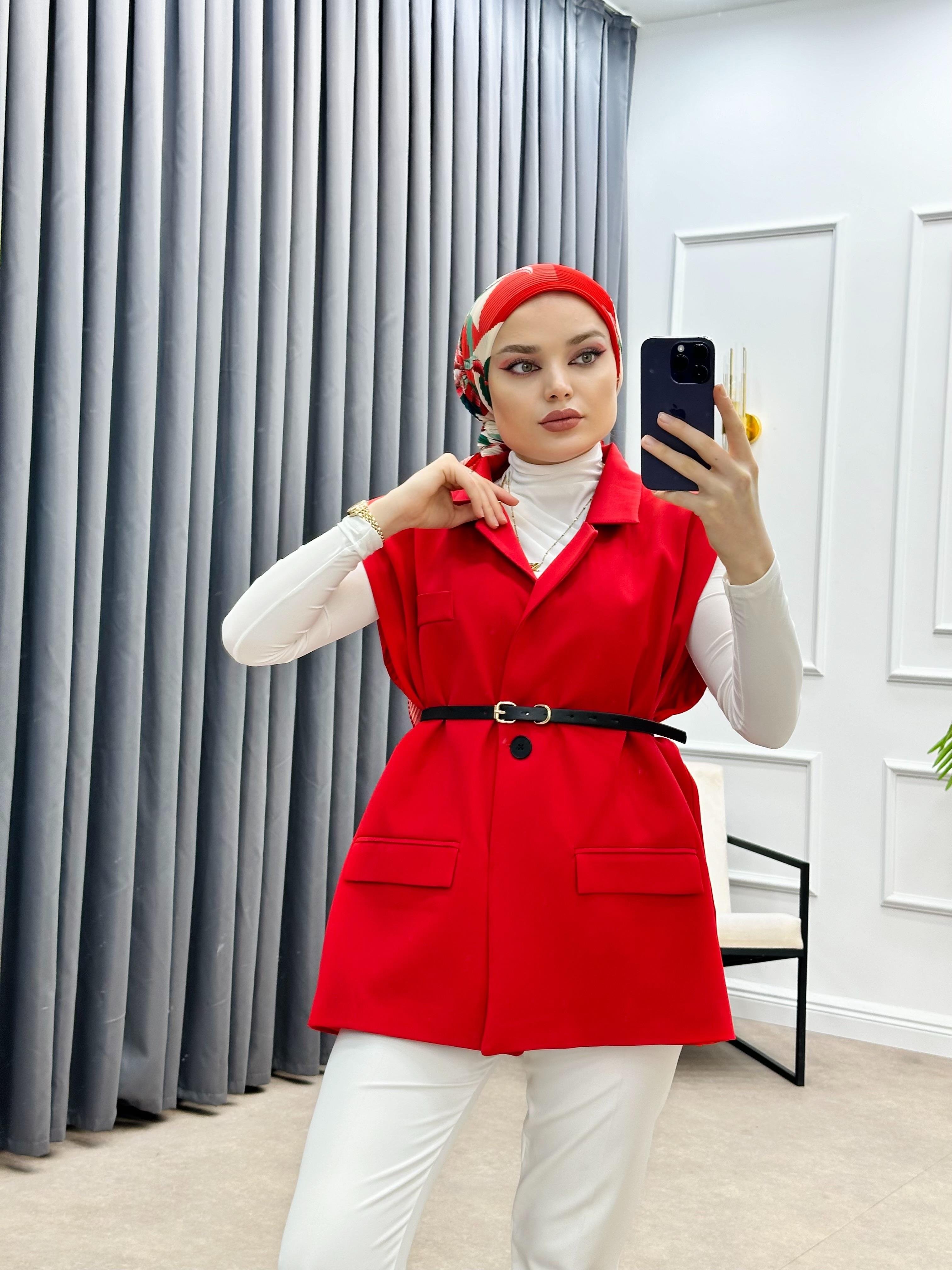 KEMERLİ BLAZER YELEK KIRMIZI