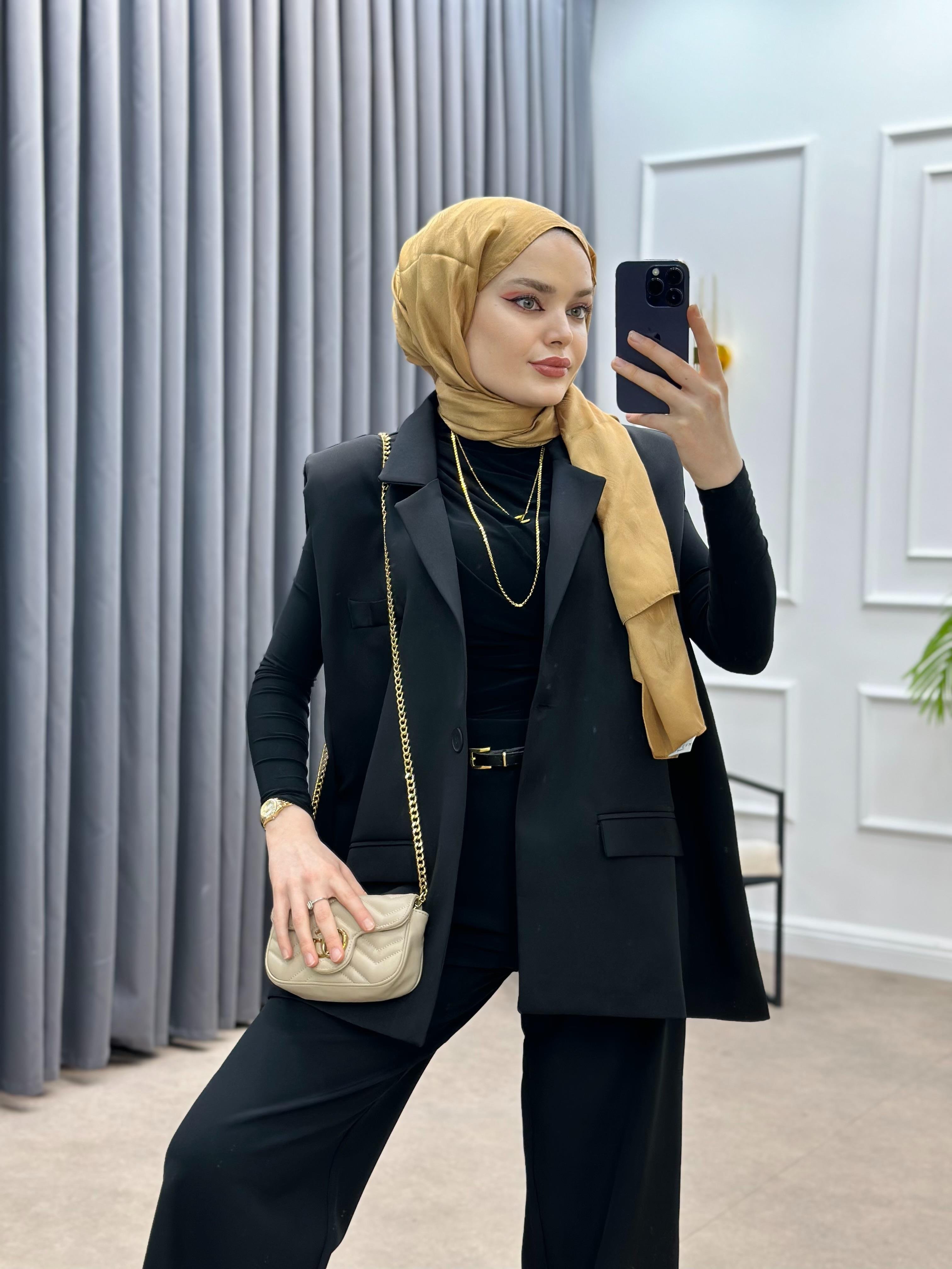 KEMERLİ BLAZER YELEK SİYAH