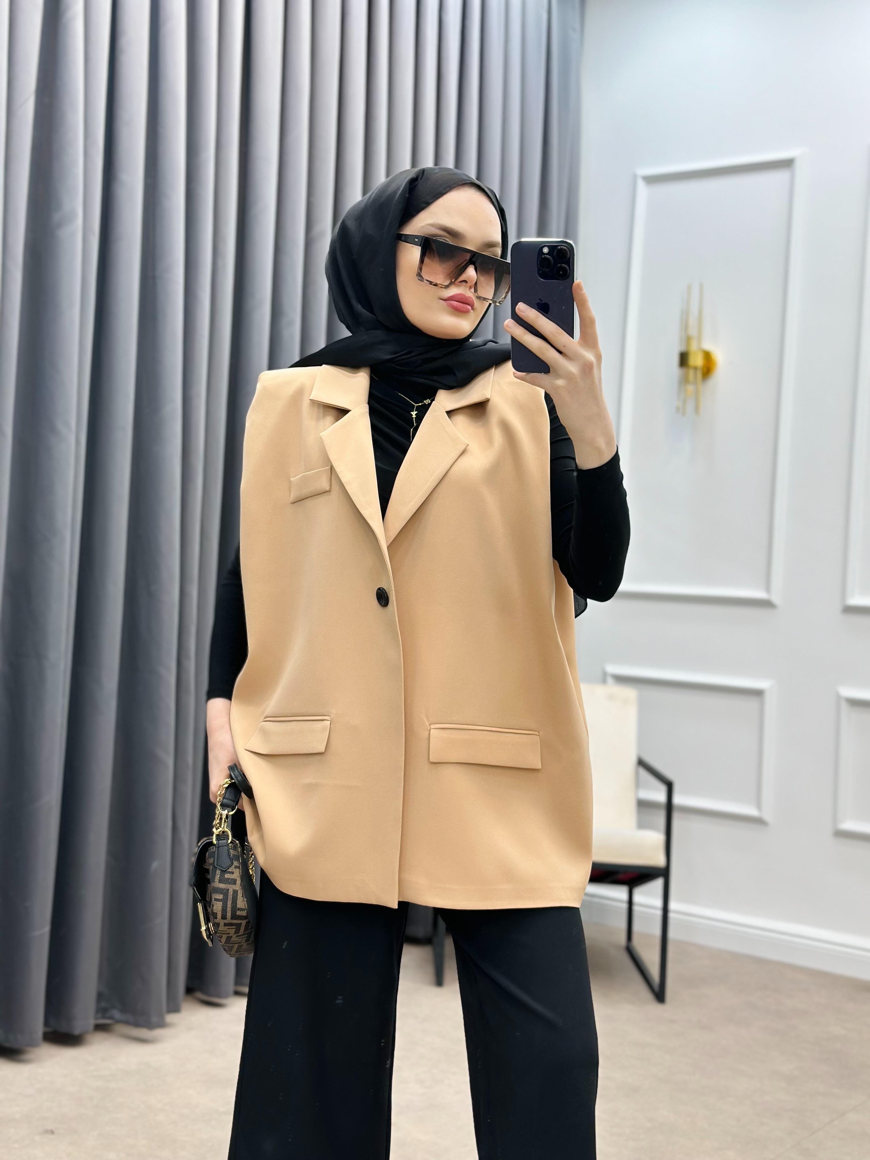 KEMERLİ BLAZER YELEK SÜTLÜ KAHVE