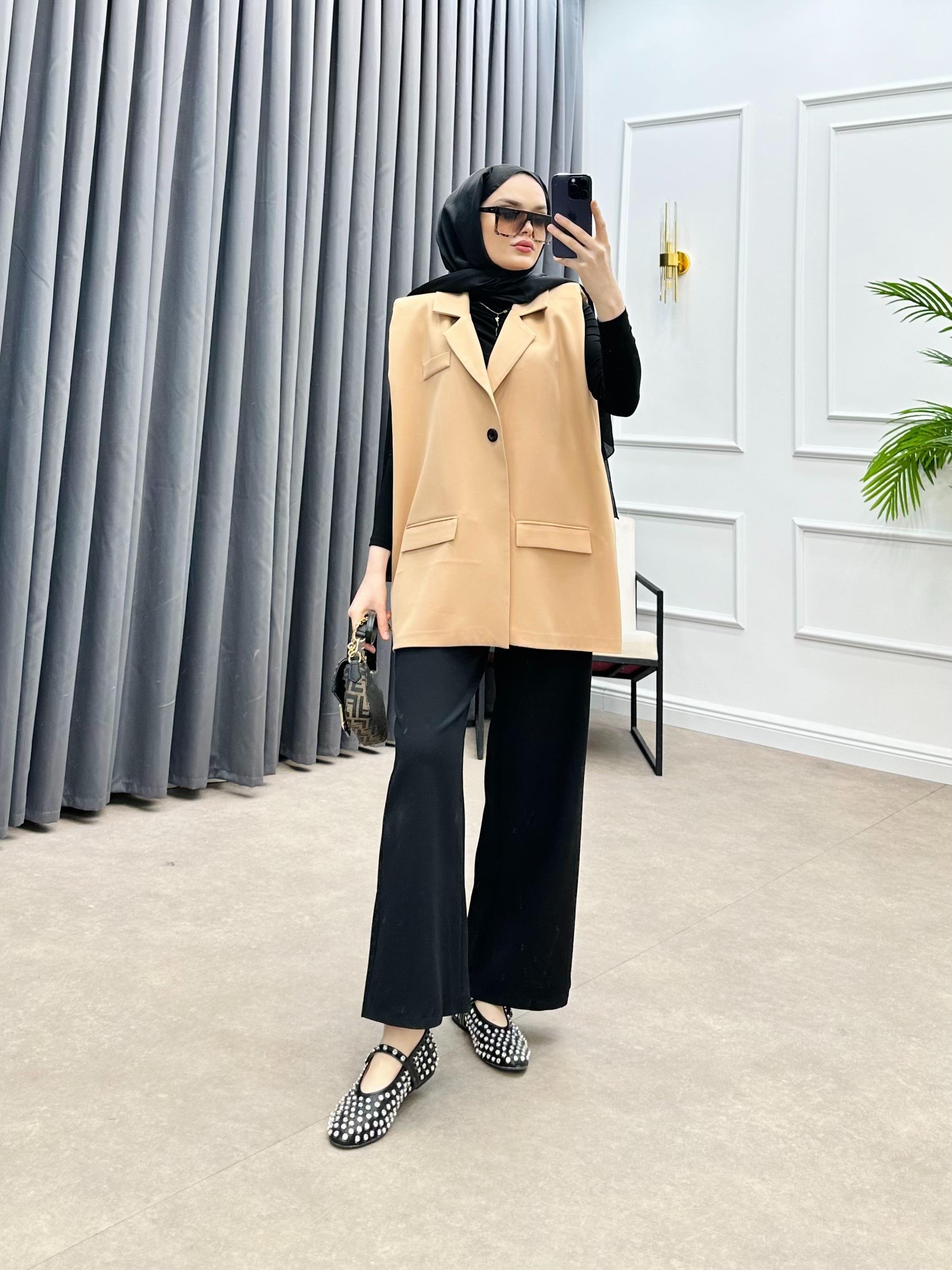 KEMERLİ BLAZER YELEK SÜTLÜ KAHVE