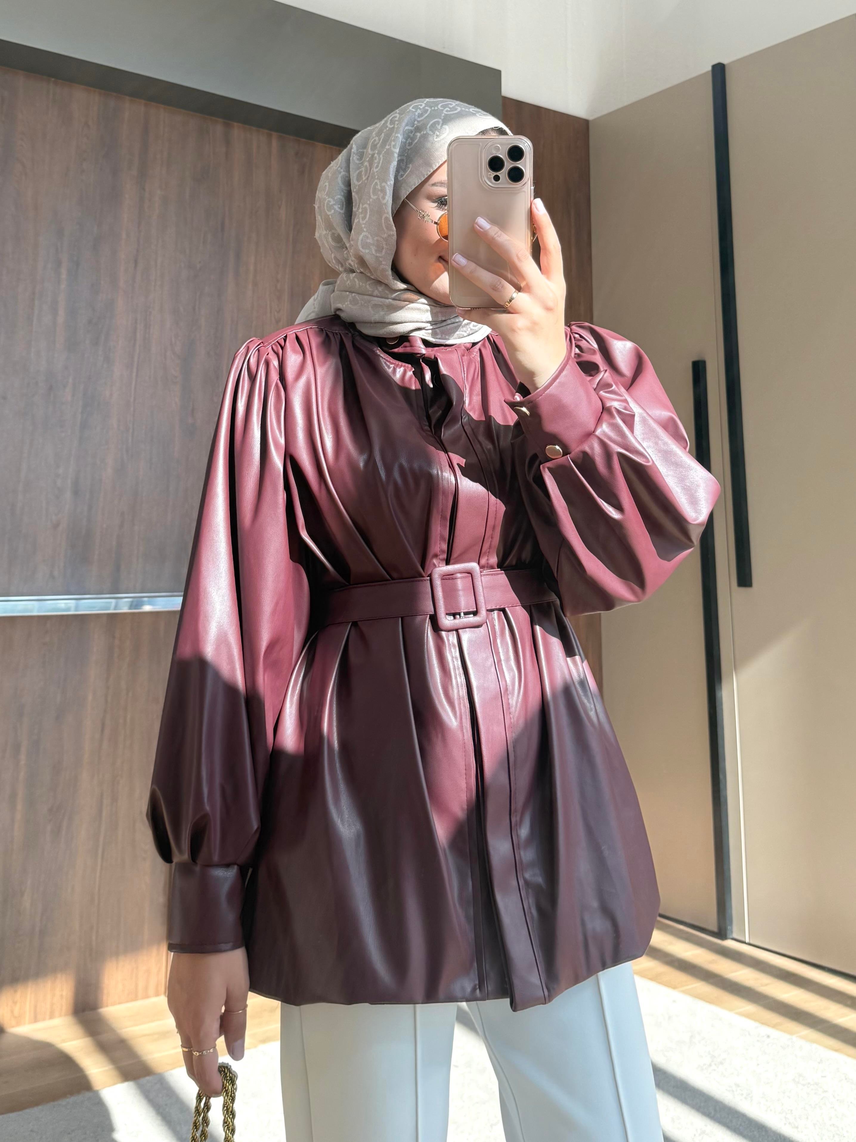 KEMERLİ DERİ CEKET BORDO