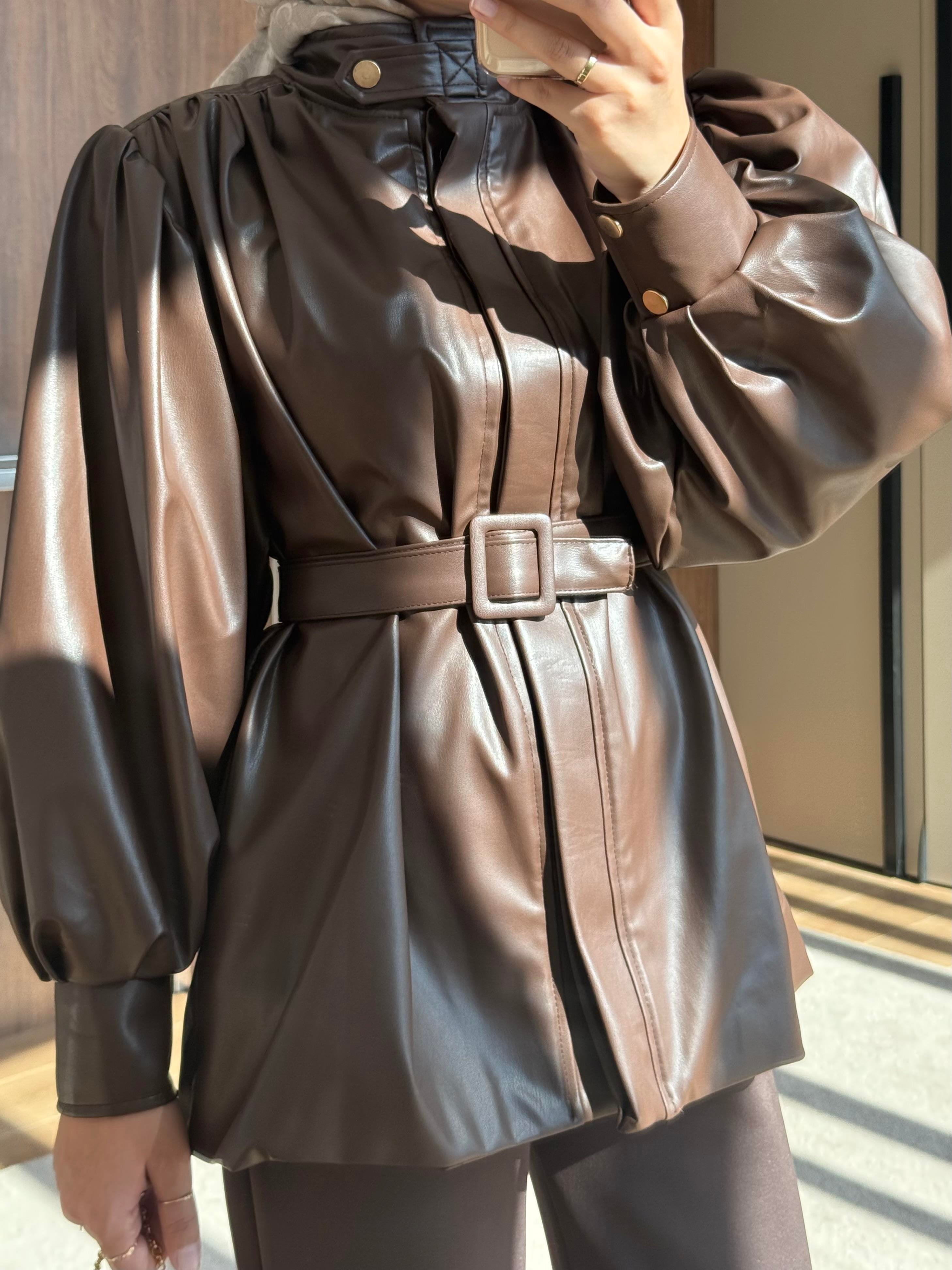 KEMERLİ DERİ CEKET KAHVE