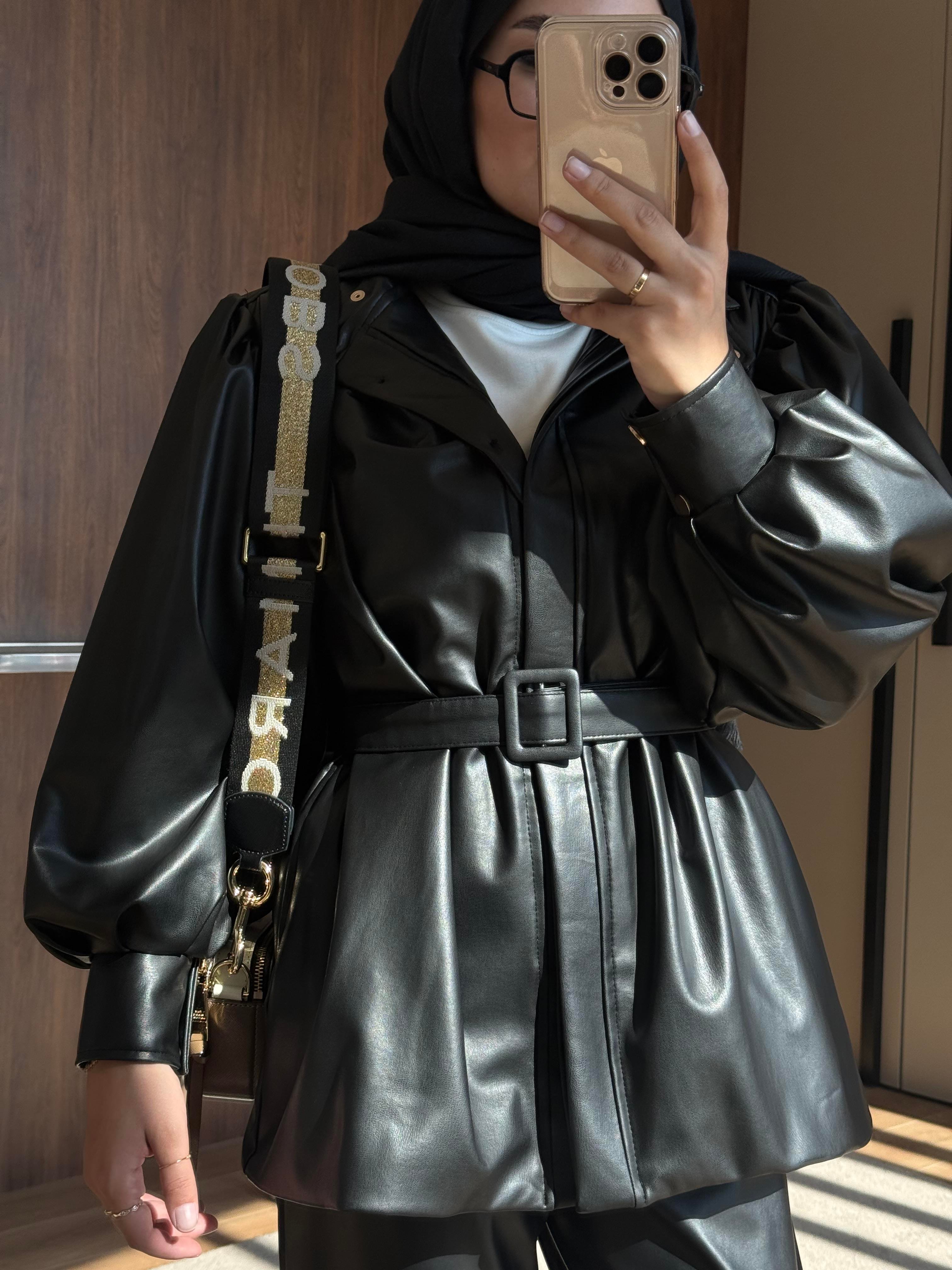 KEMERLİ DERİ CEKET SİYAH