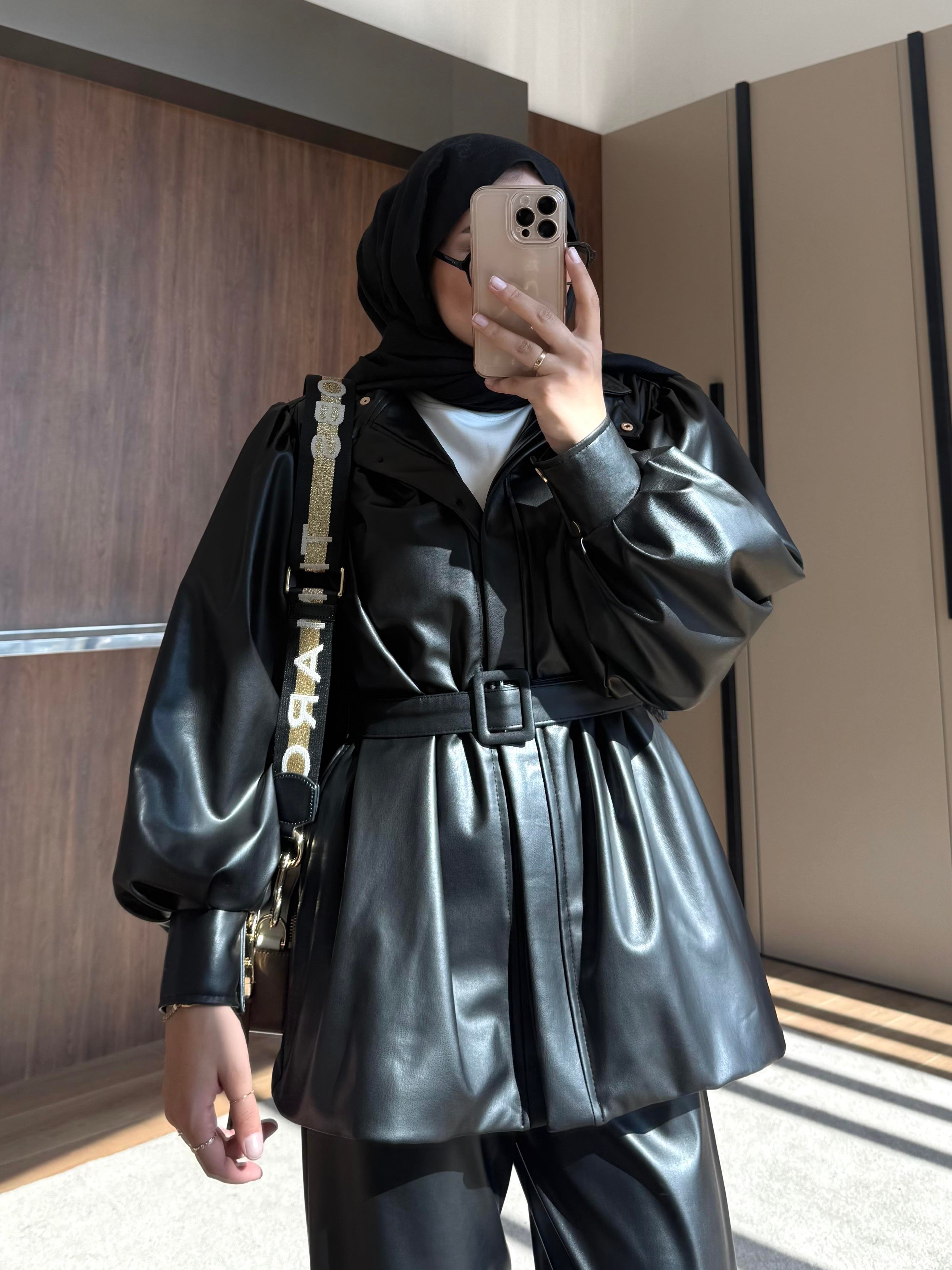 KEMERLİ DERİ CEKET SİYAH