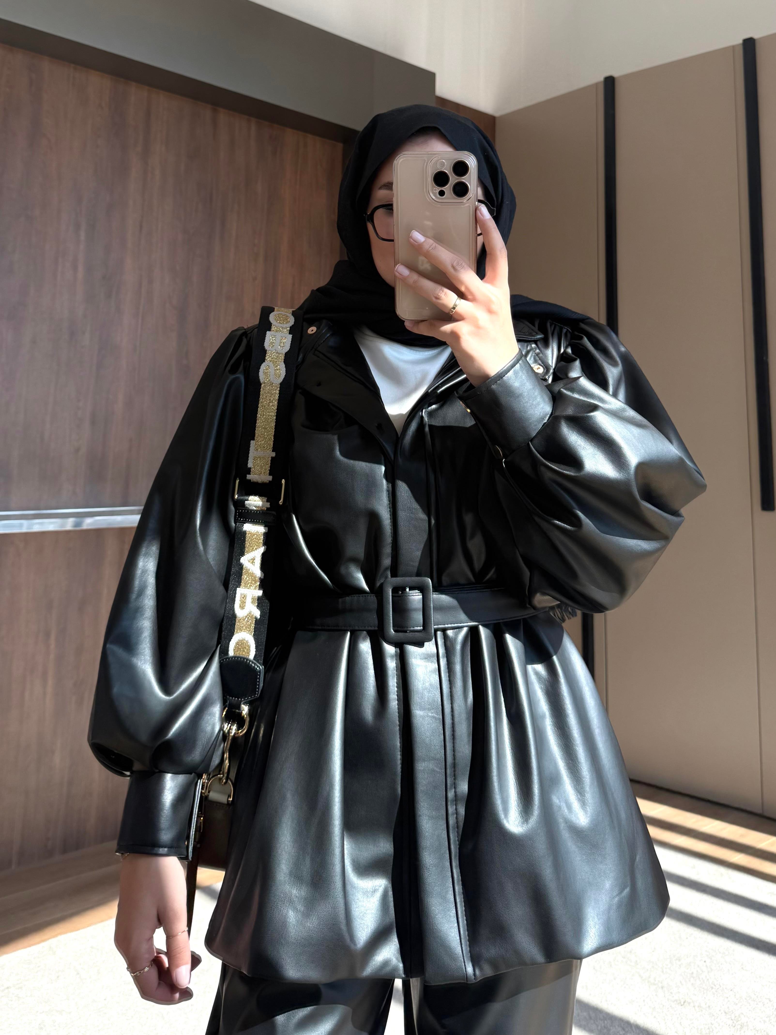 KEMERLİ DERİ CEKET SİYAH