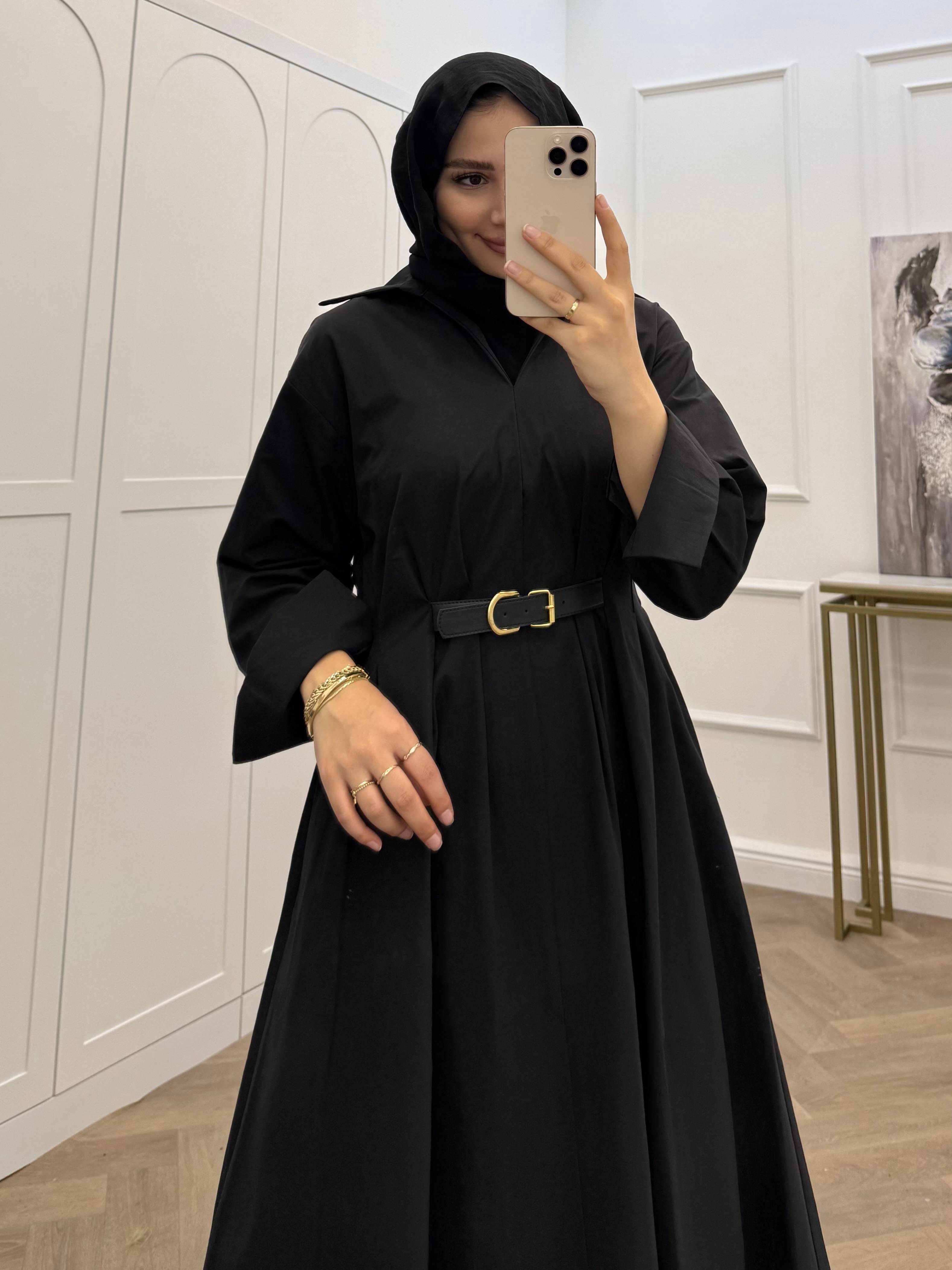 KEMERLİ POPLİN ELBİSE SİYAH