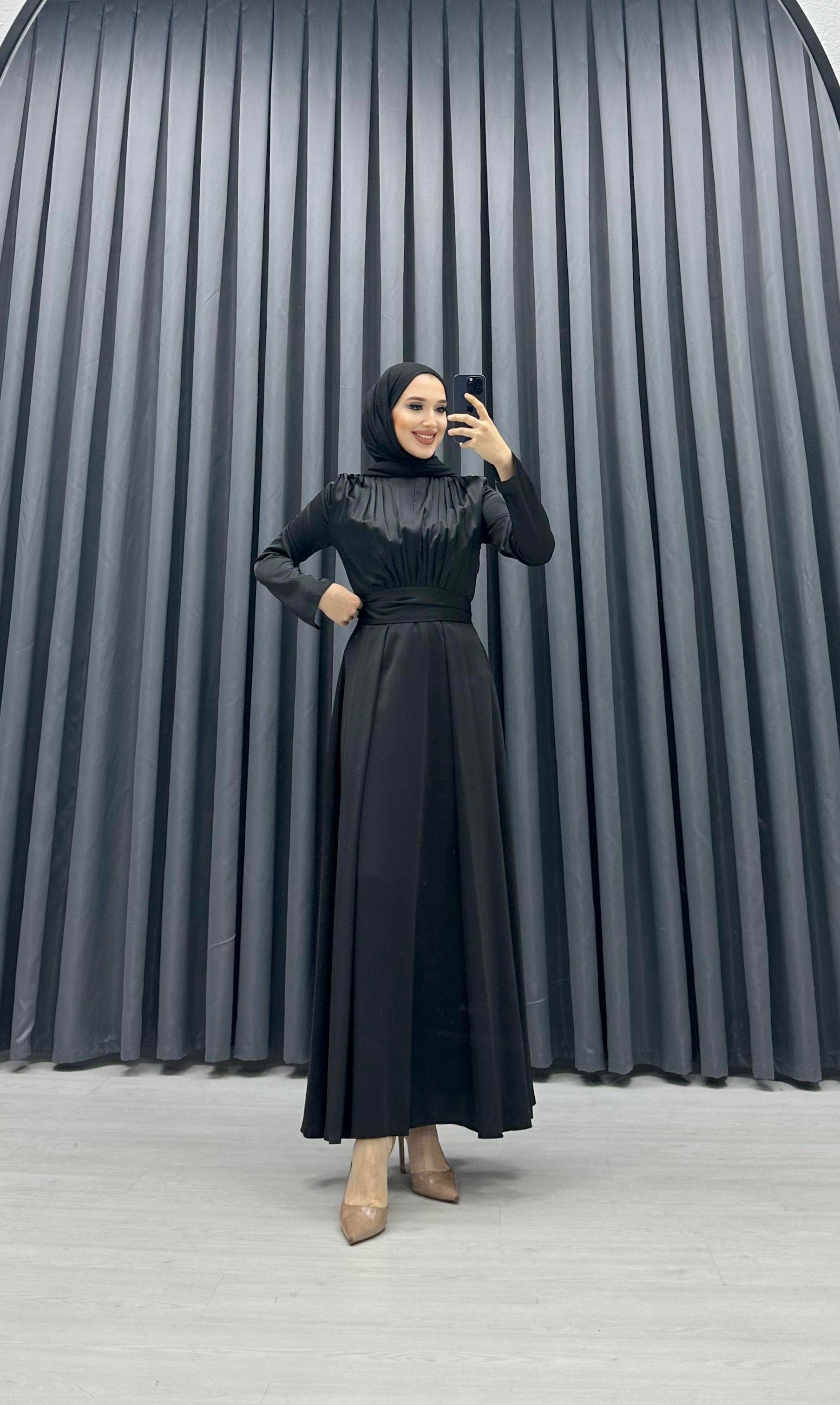 KEMERLİ SATEN ABİYE SİYAH