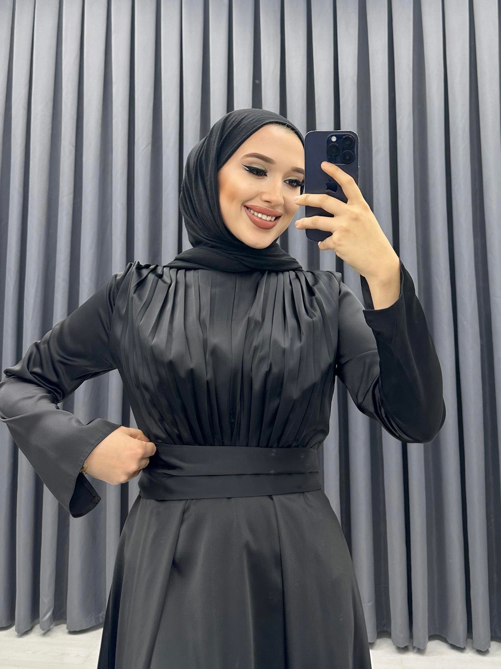 KEMERLİ SATEN ABİYE SİYAH