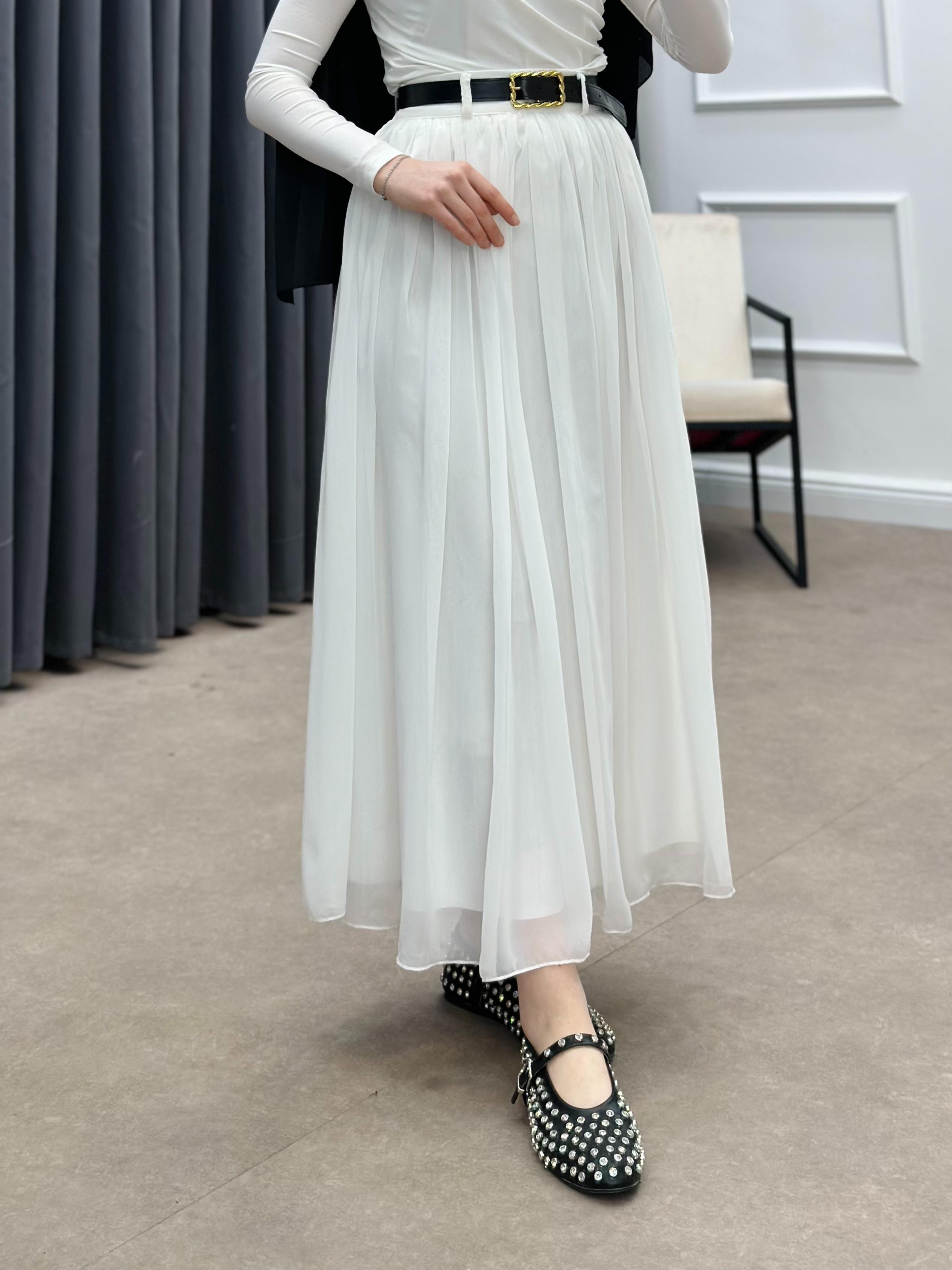 KEMERLİ ŞİFON ETEK BEYAZ