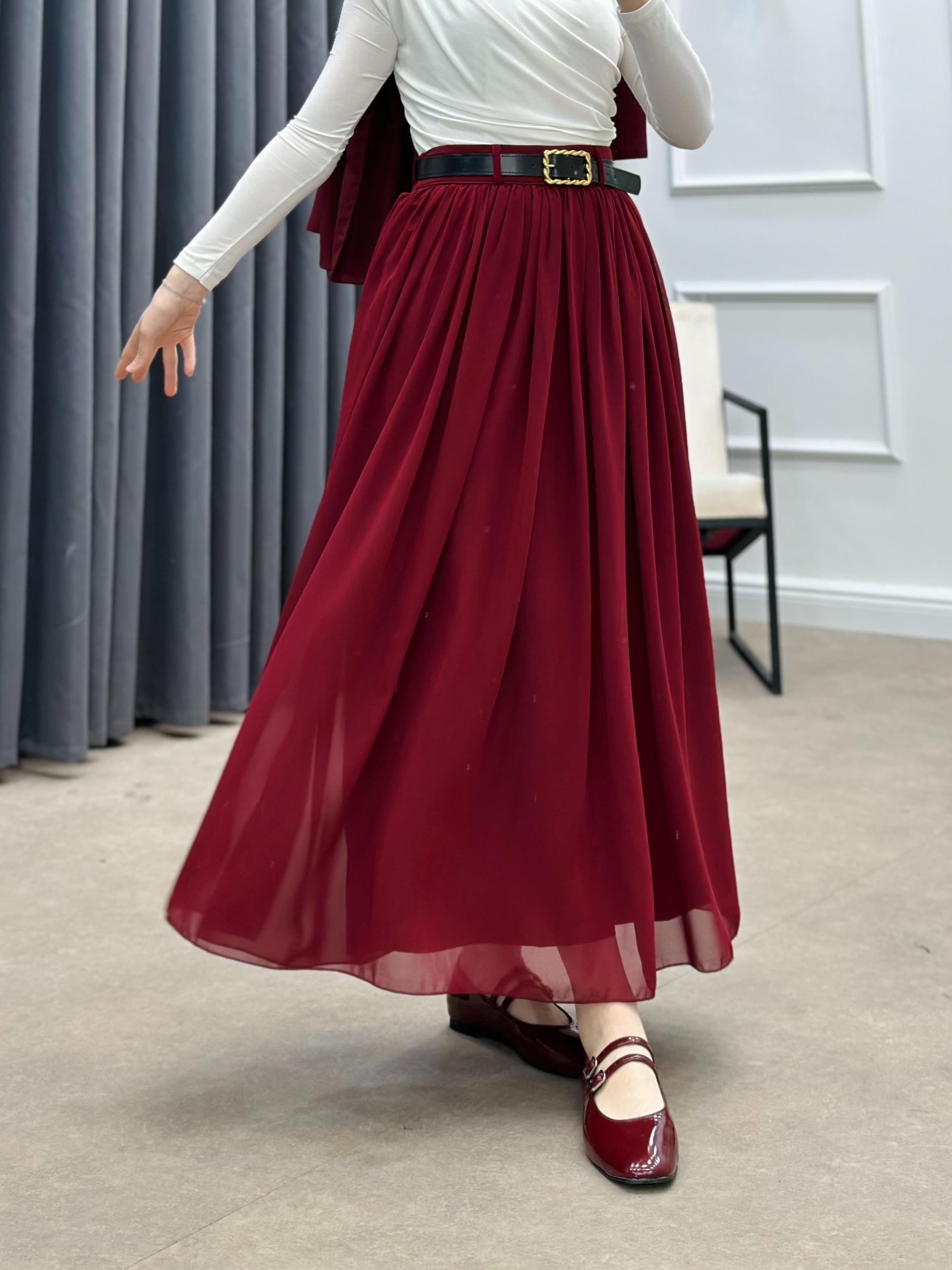 KEMERLİ ŞİFON ETEK BORDO