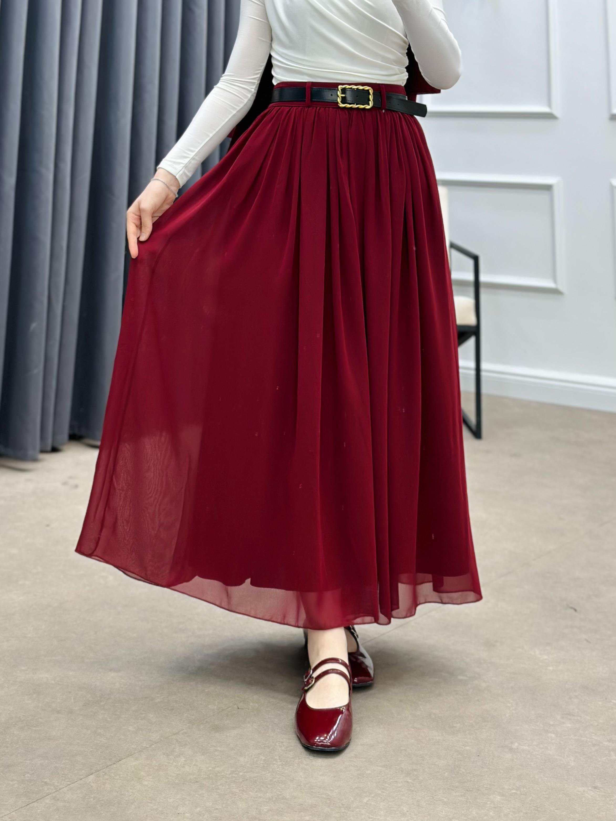 KEMERLİ ŞİFON ETEK BORDO