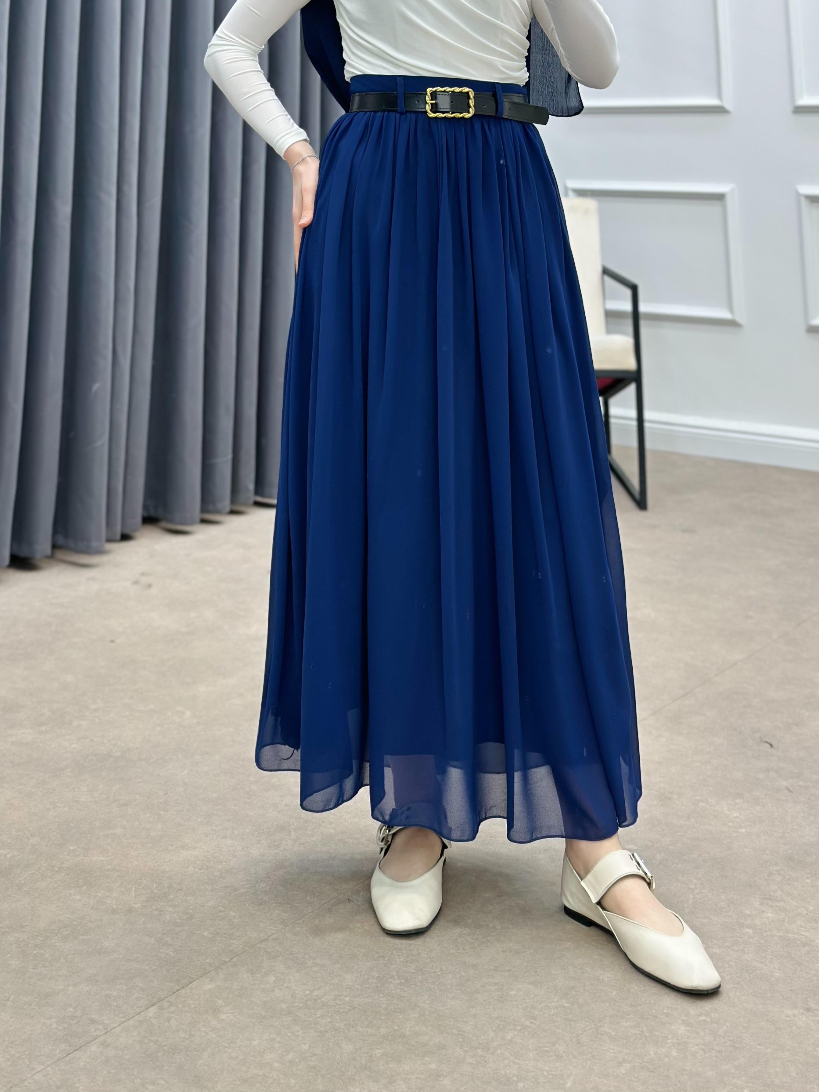 KEMERLİ ŞİFON ETEK LACİVERT