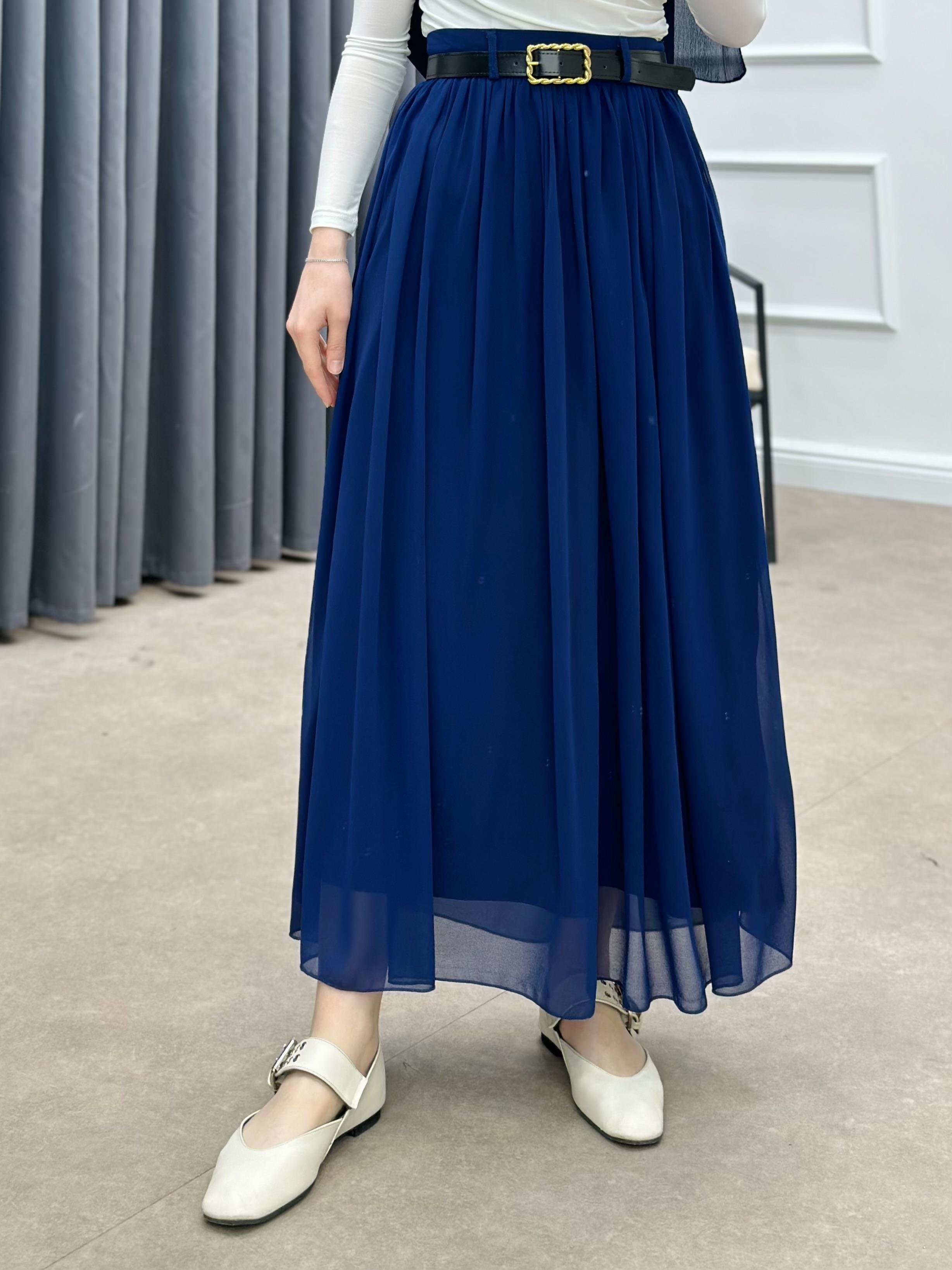 KEMERLİ ŞİFON ETEK LACİVERT