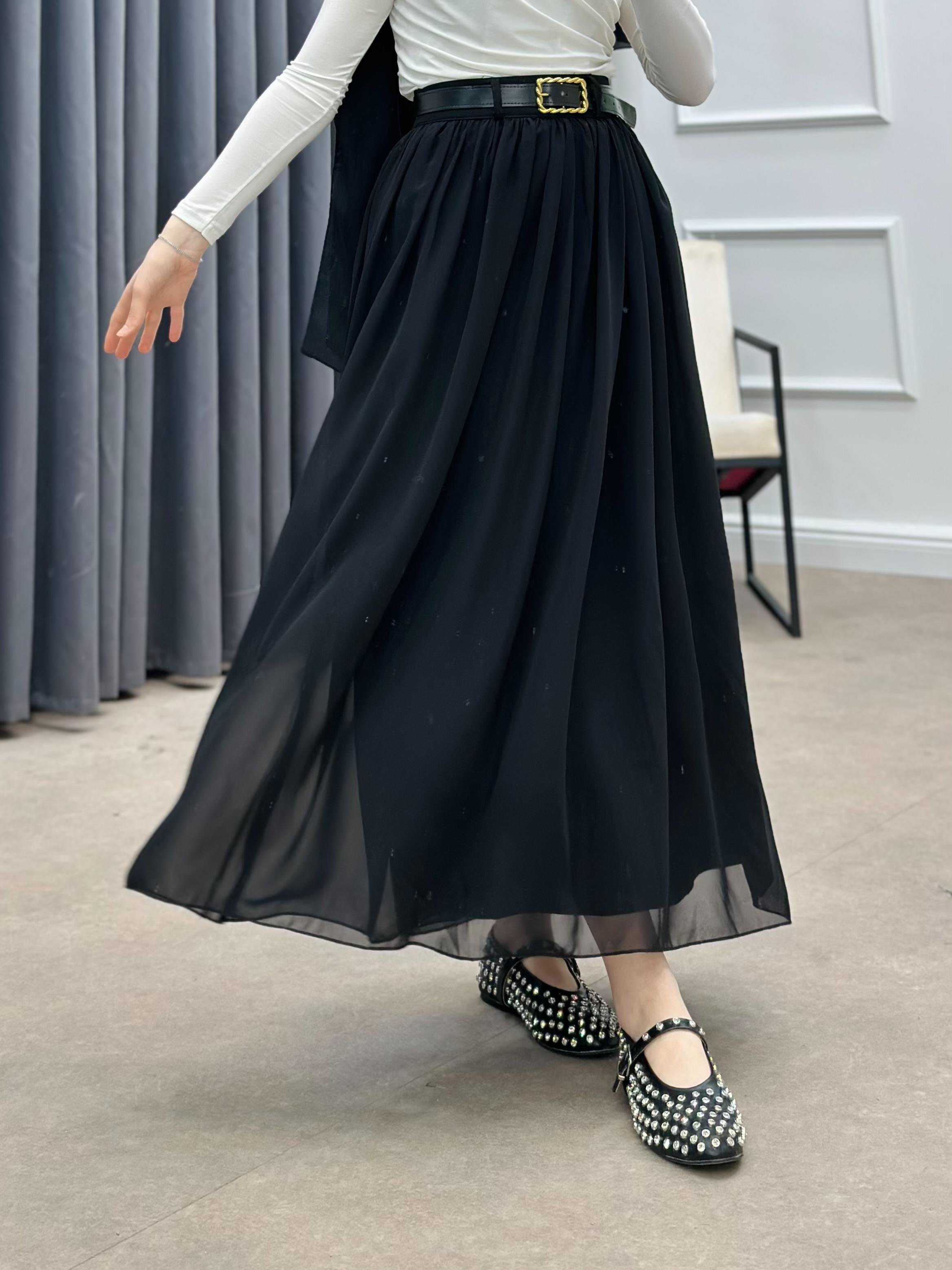 KEMERLİ ŞİFON ETEK SİYAH